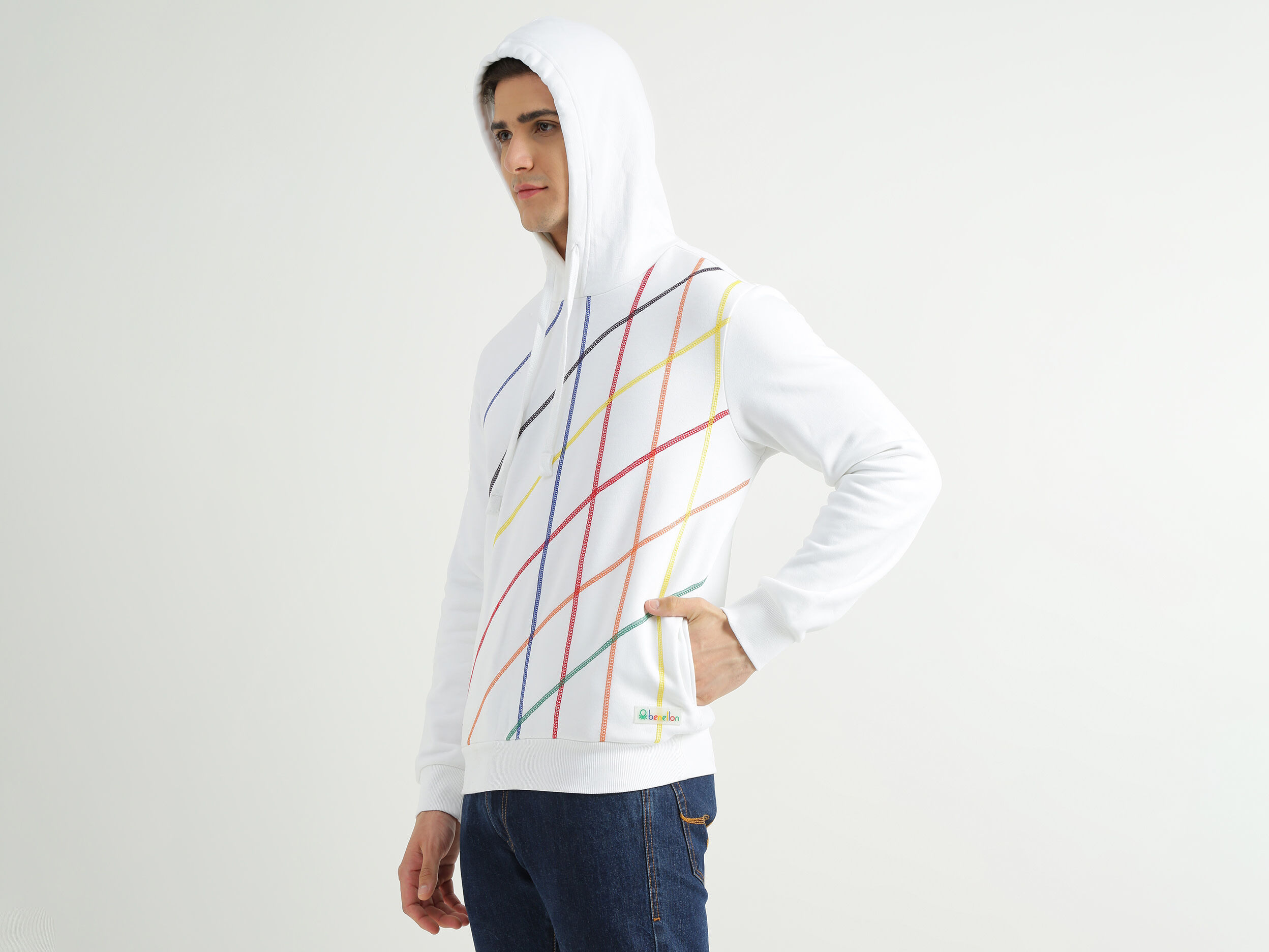 Mens Long Sleeve Stripe Sweatshirt - White | Benetton