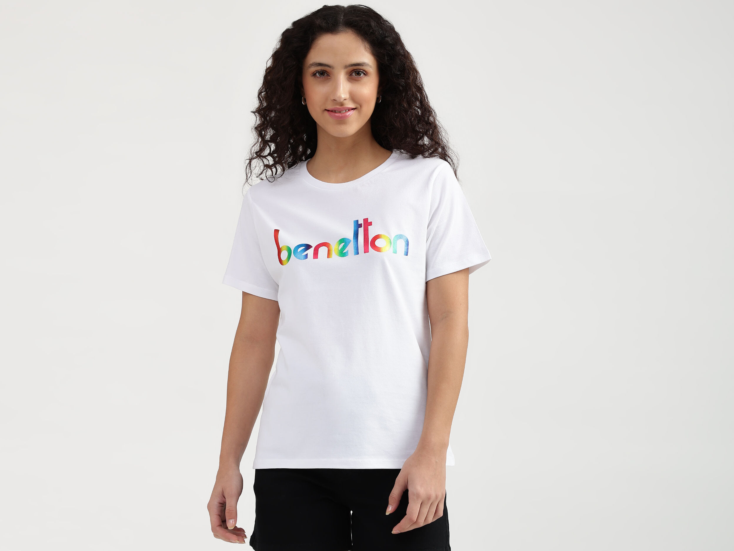 Ladies White Printed Round Neck T-Shirt - White | Benetton