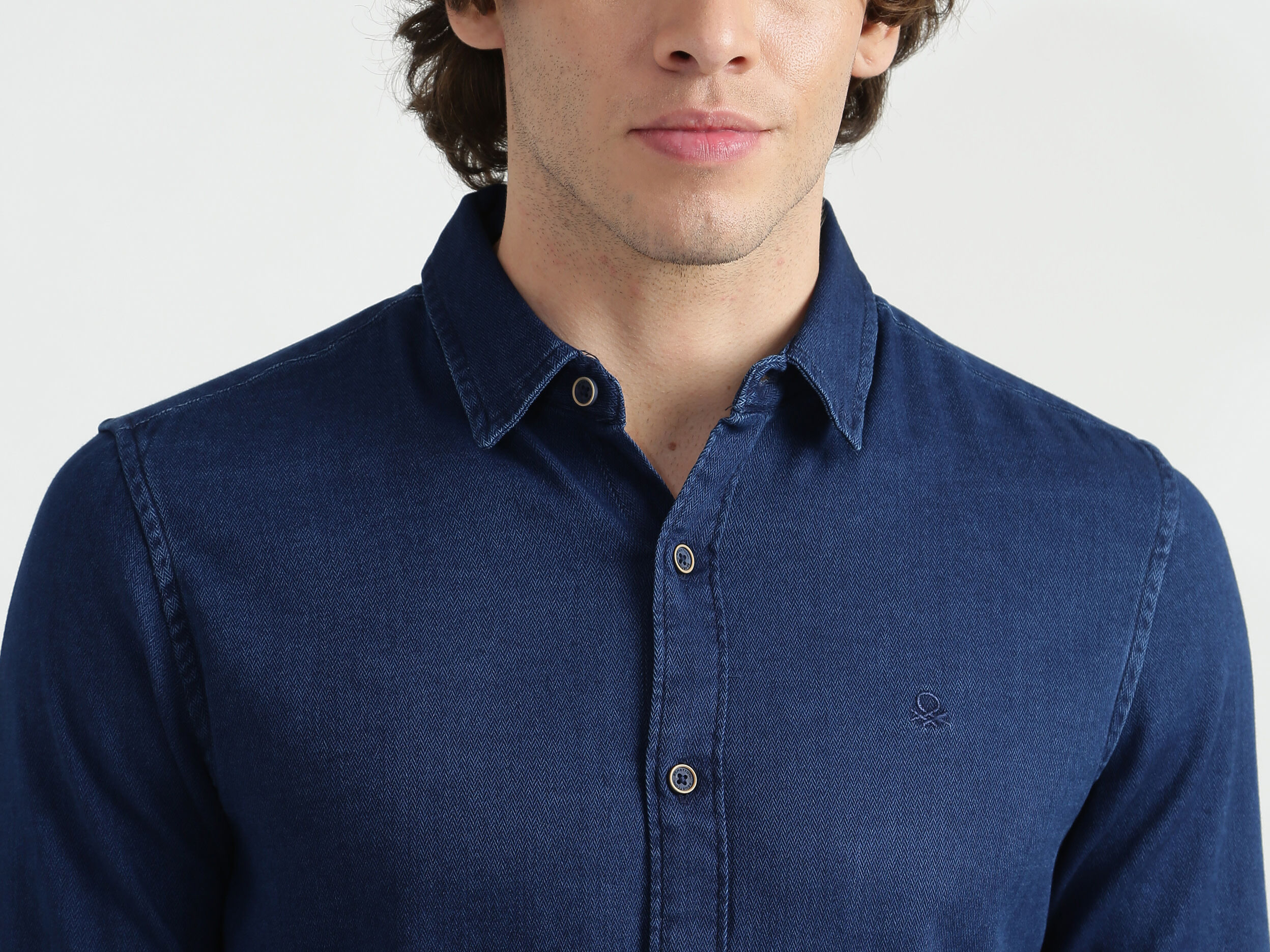 Long Sleeve Regular Collar Herringbone Denim Indigo Shirt-Top - Blue |  Benetton