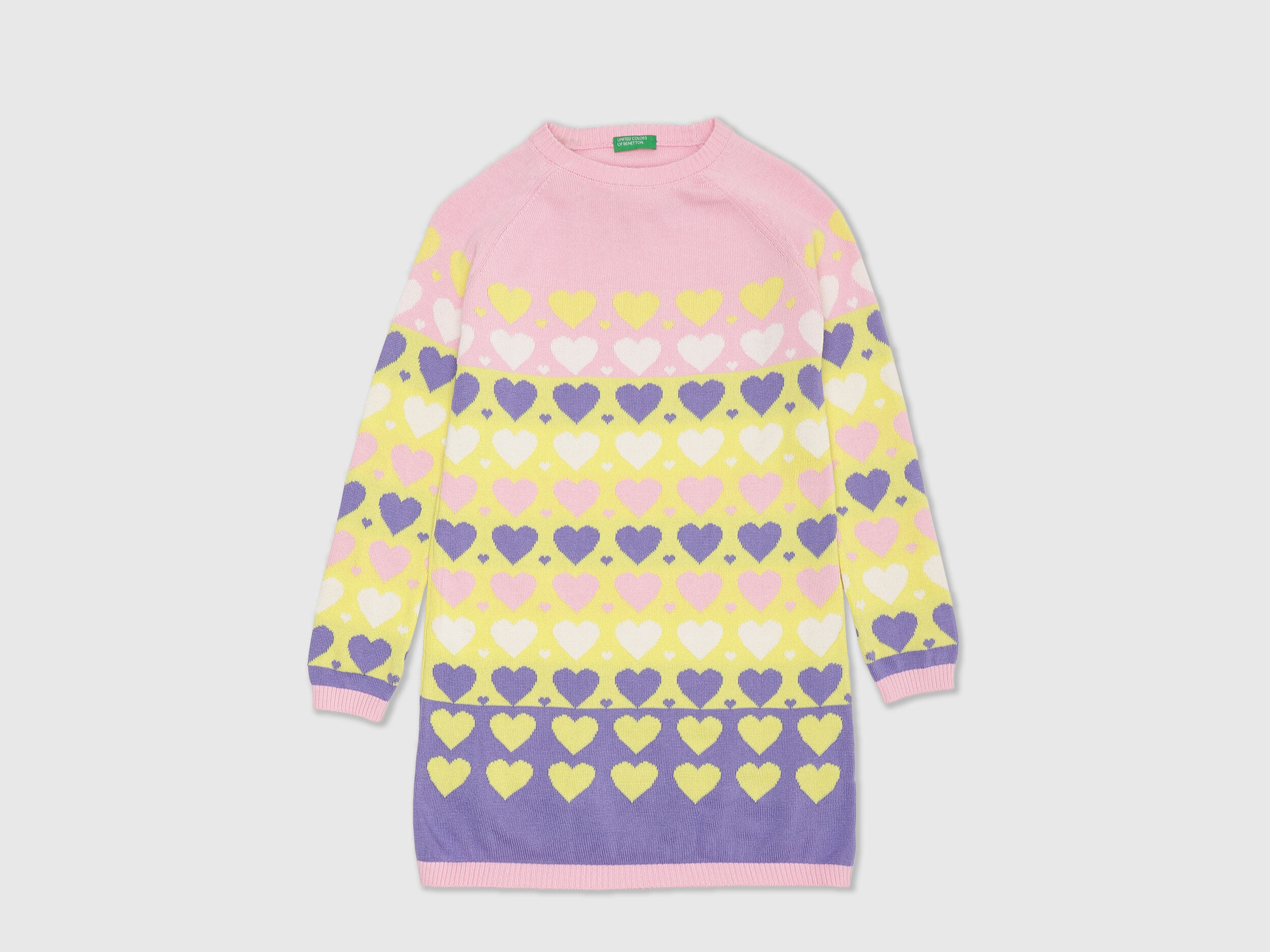 Girls Pink Long Sleeve Heart Patterned Sweater Multi color Benetton