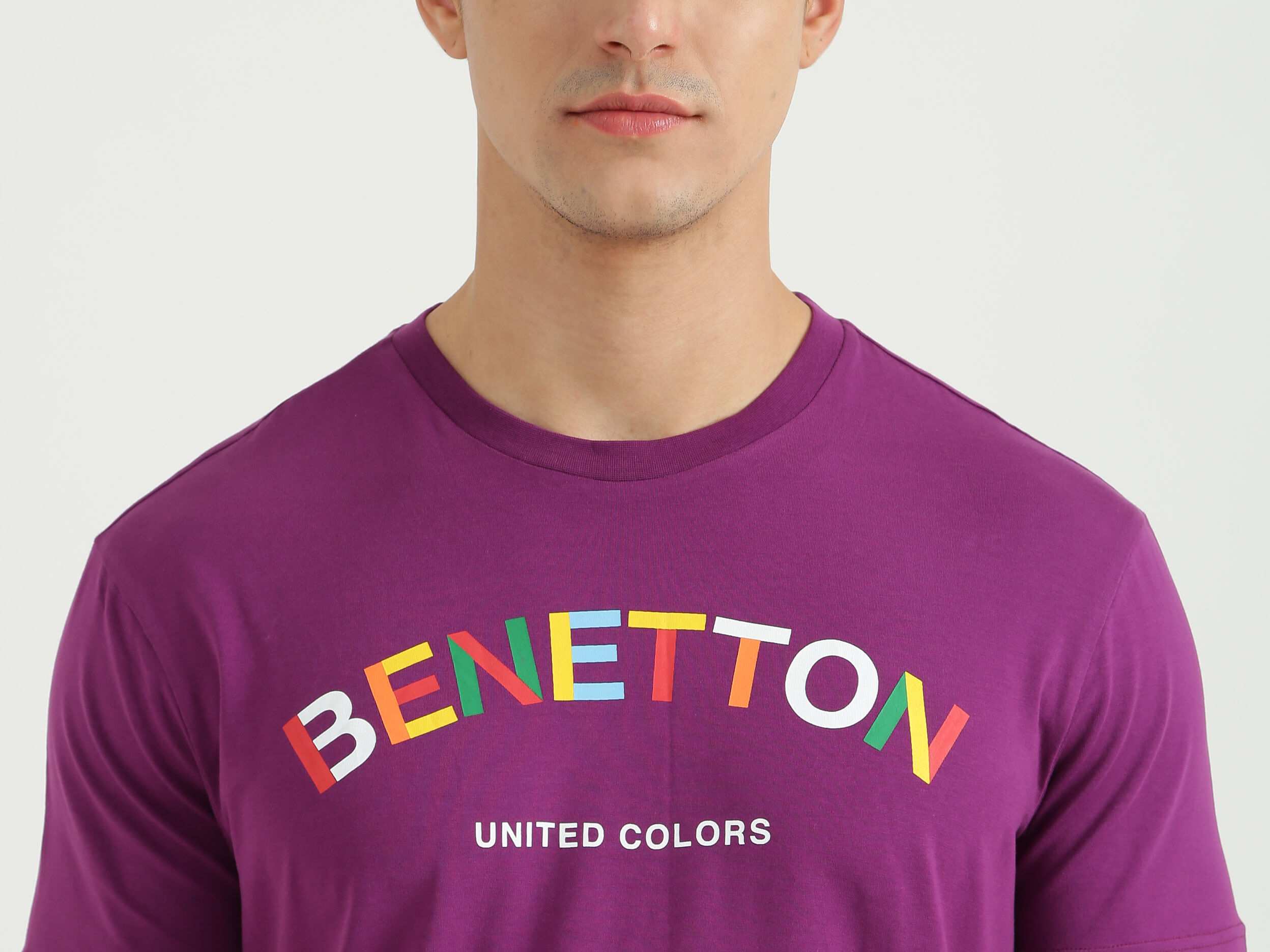 Mens Short Sleeve Printed T Shirt Purple Benetton