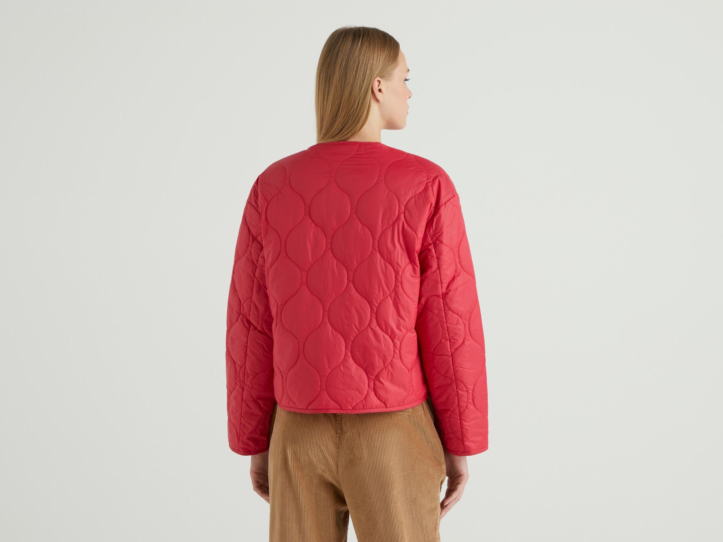 激安通販特集！ Button Quilted Womens Down Benetton | Red - Jacket V-Neck ジャケット・アウター