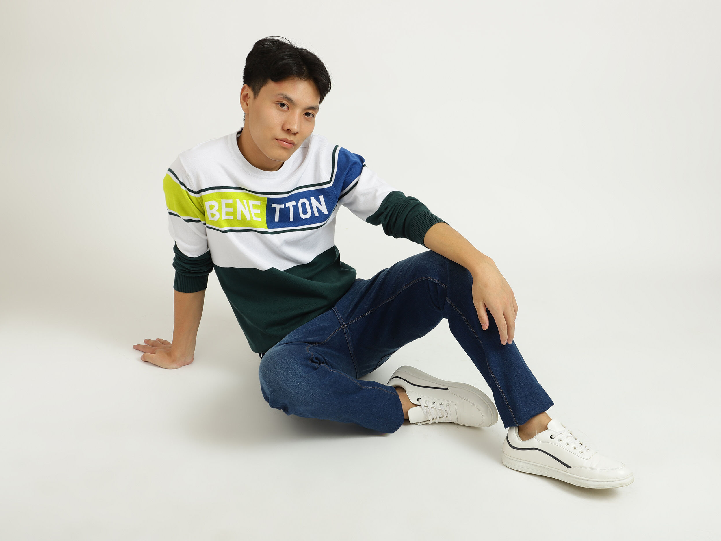 White And Green Color-Blocked Sweater - Multi-color | Benetton