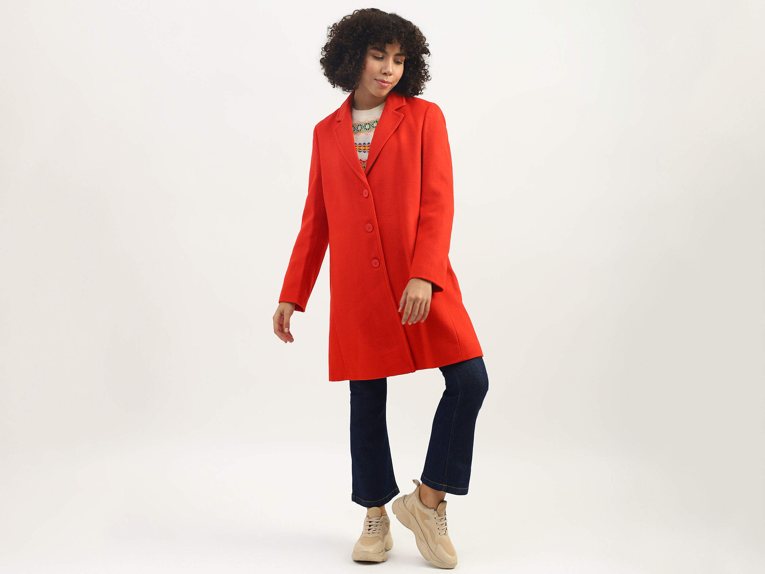 Women Solid Lapel Collar Coat Orange Benetton