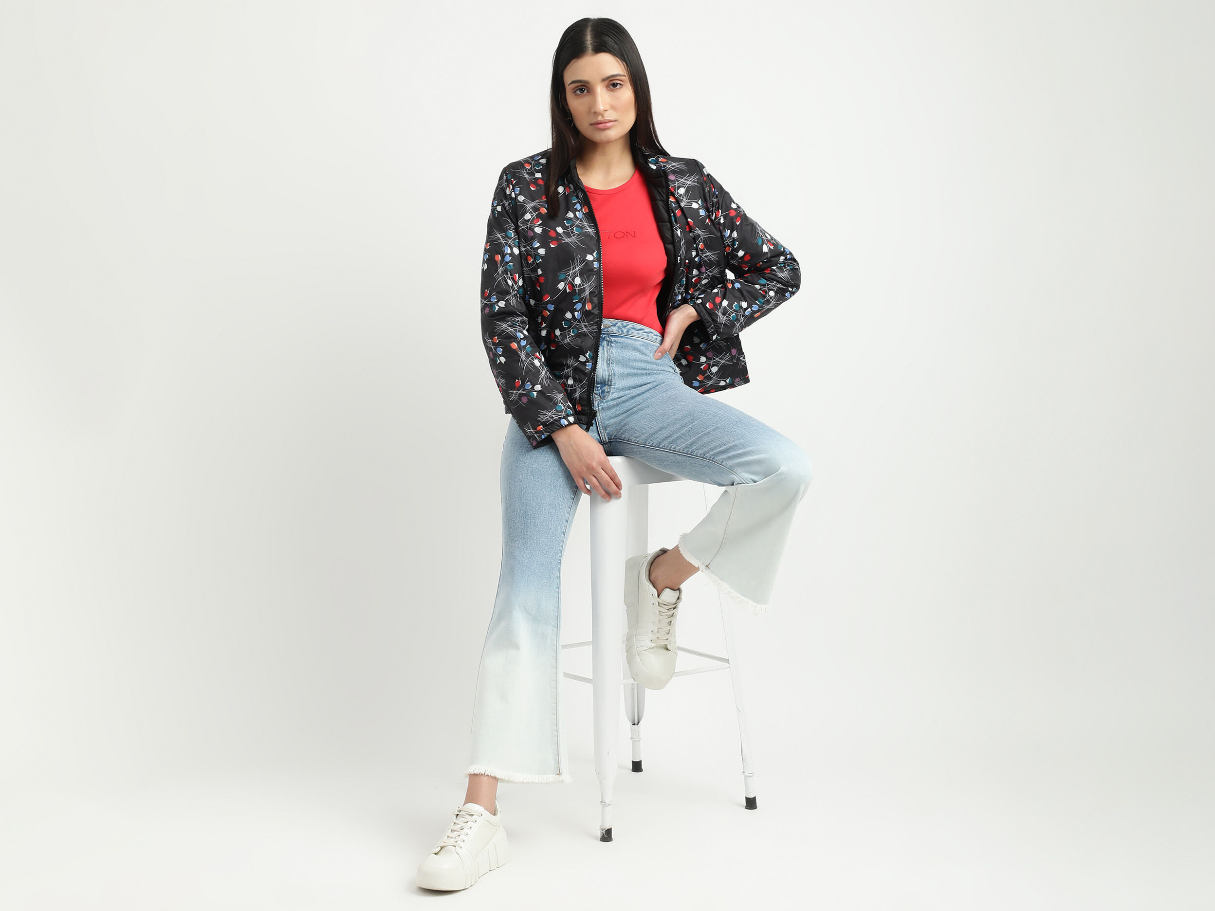 Women Quilted High Neck Reversible Jacket - Black | Benetton