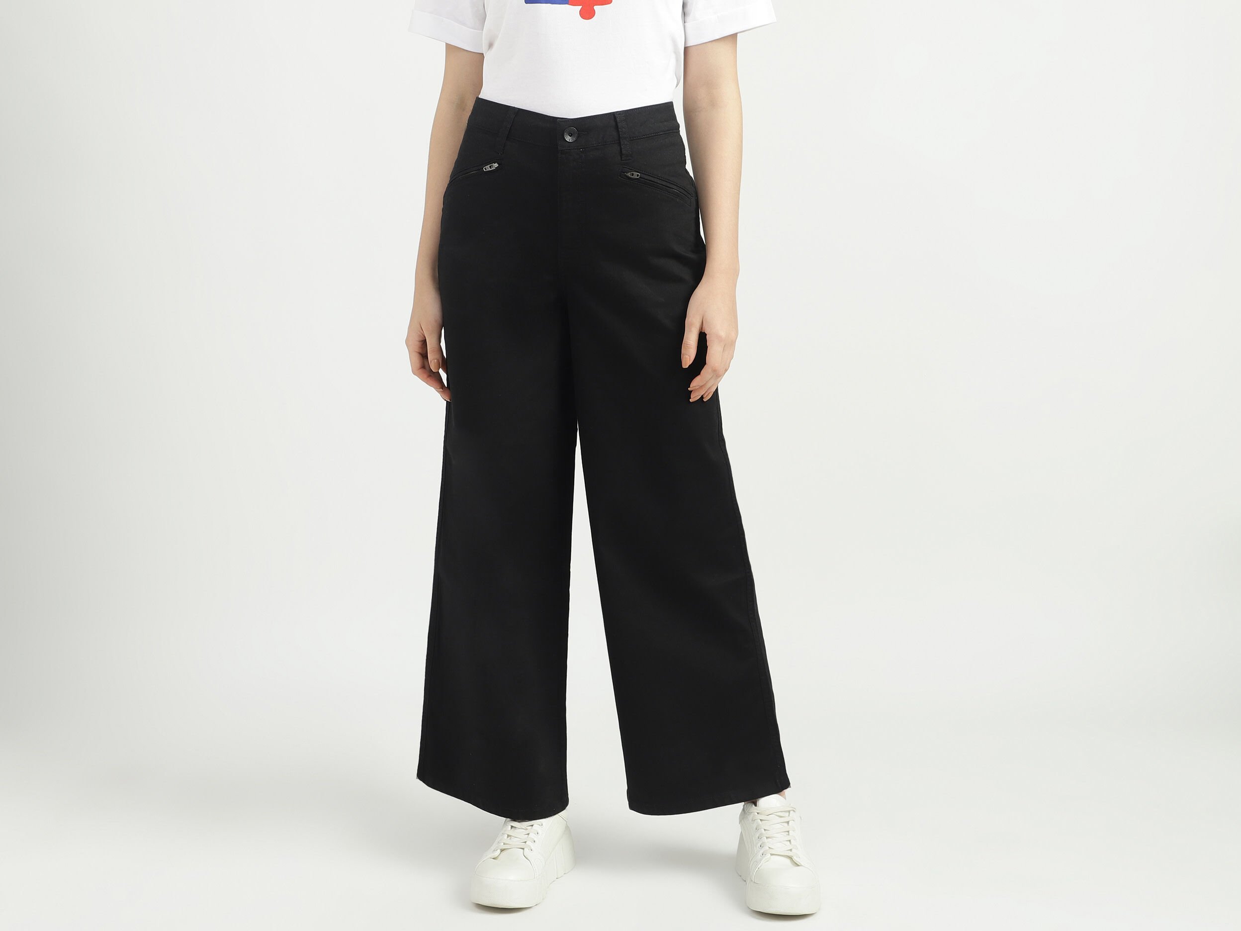 Women Solid Wide Leg Jeans - Black | Benetton