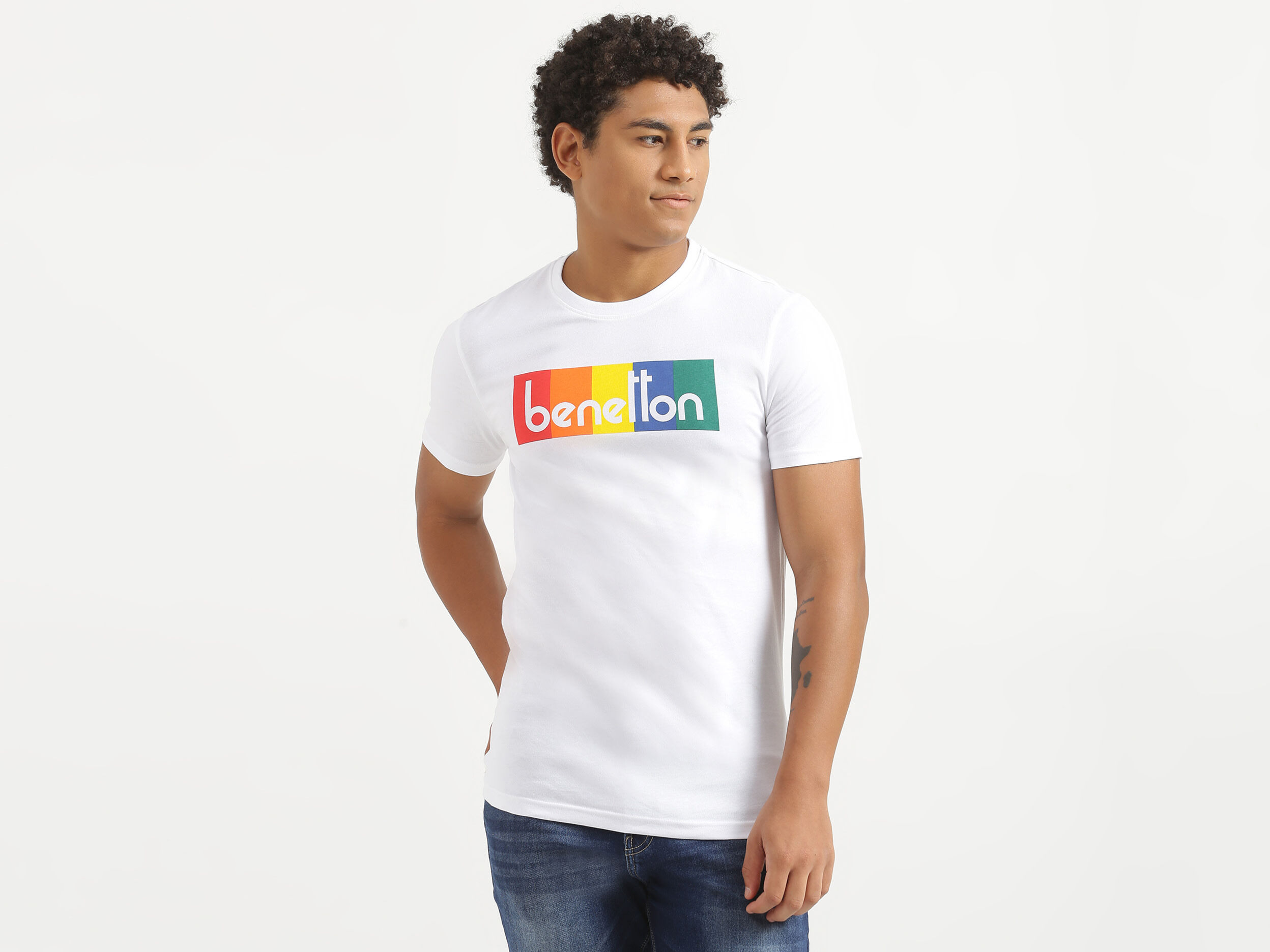 Mens Crew Neck Brand T Shirt White Benetton