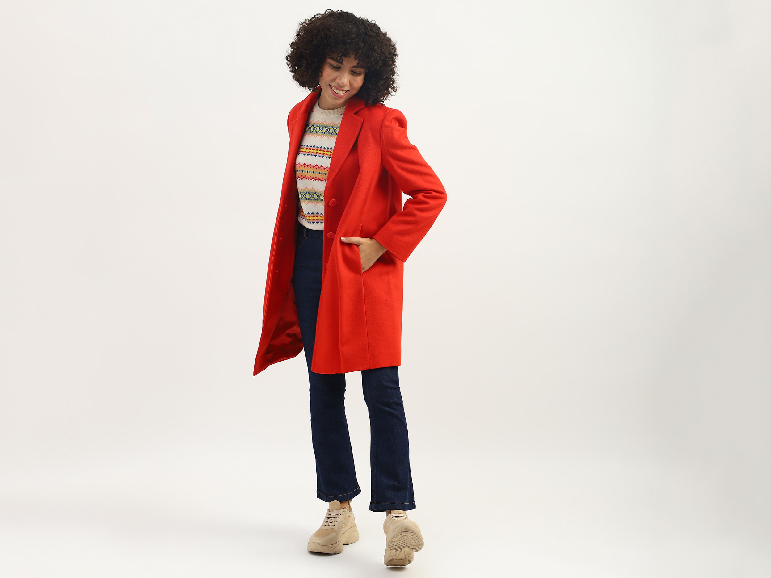 Women Solid Lapel Collar Coat Orange Benetton