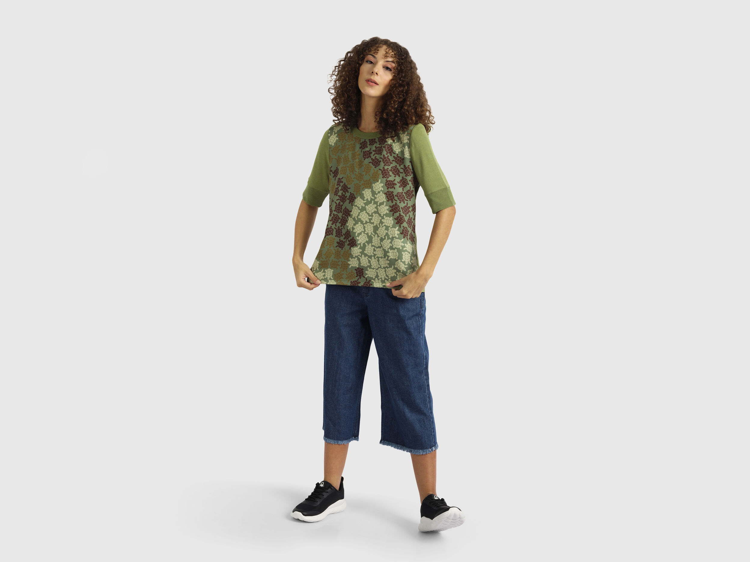 Short Sleeve Knit Woven Top Wt Turtle Print - Green | Benetton