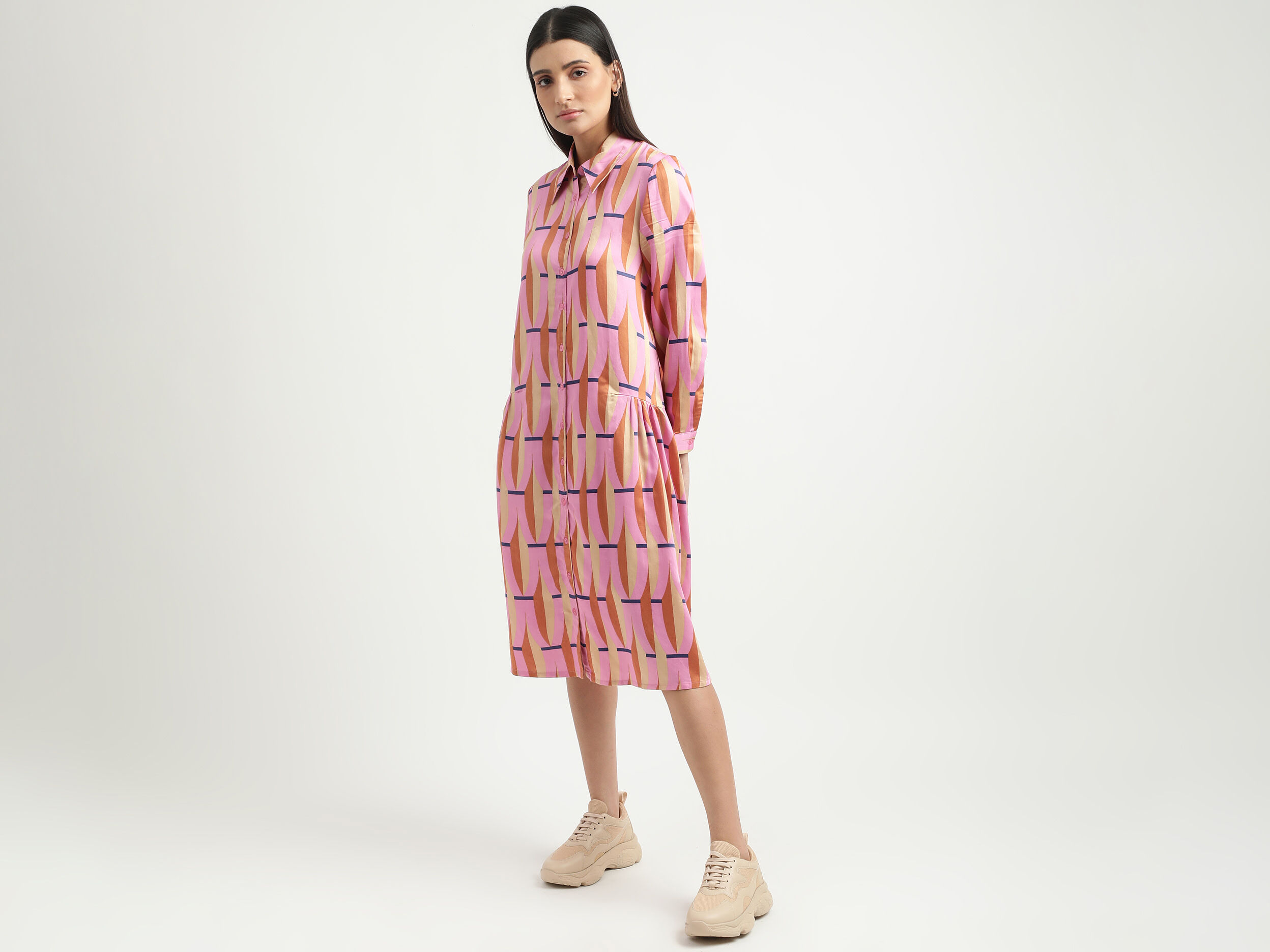 Women Printed Spread Collar Dress - Pink | Benetton