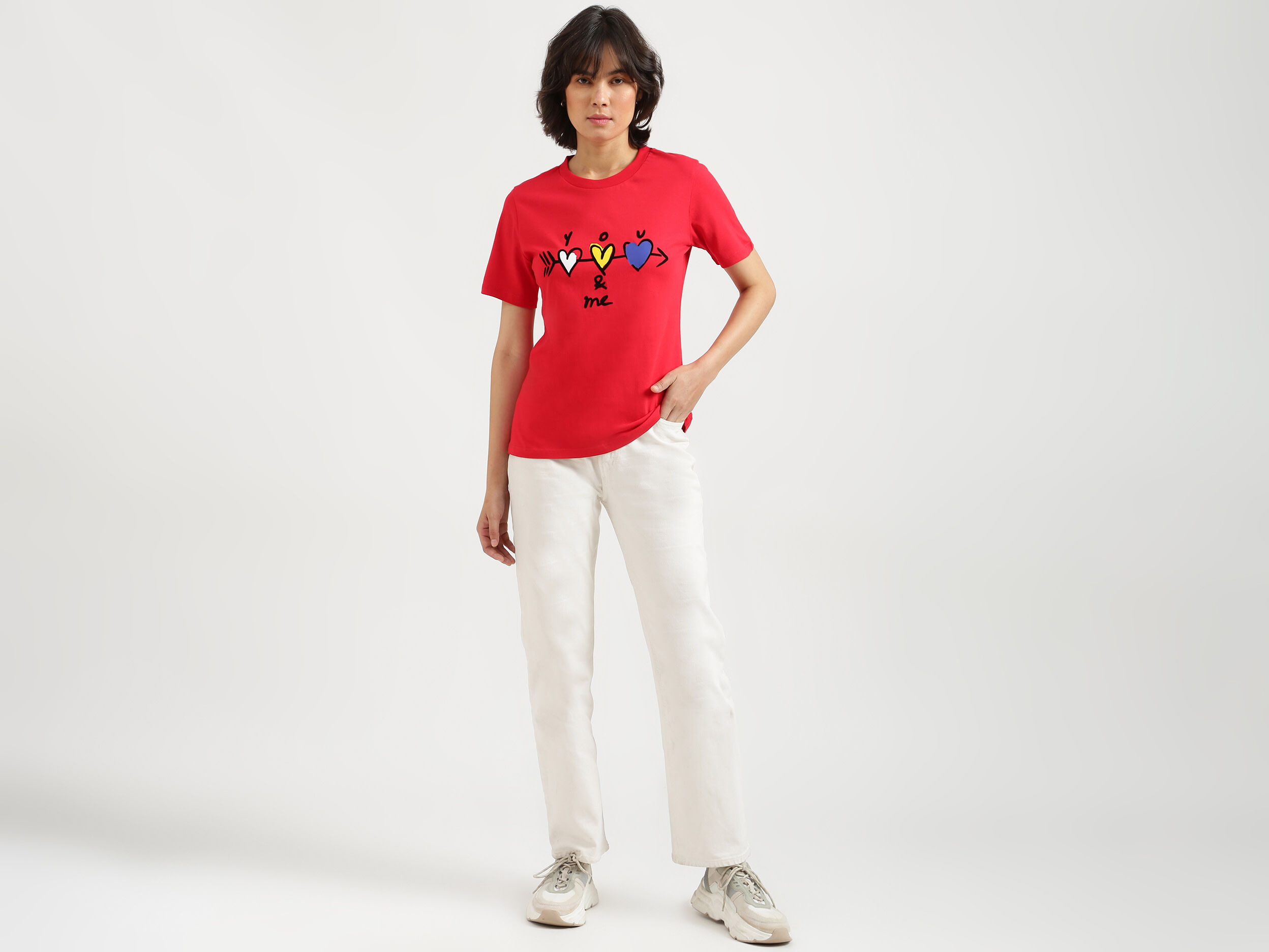 Women Red Printed Round Neck T Shirt - Red | Benetton
