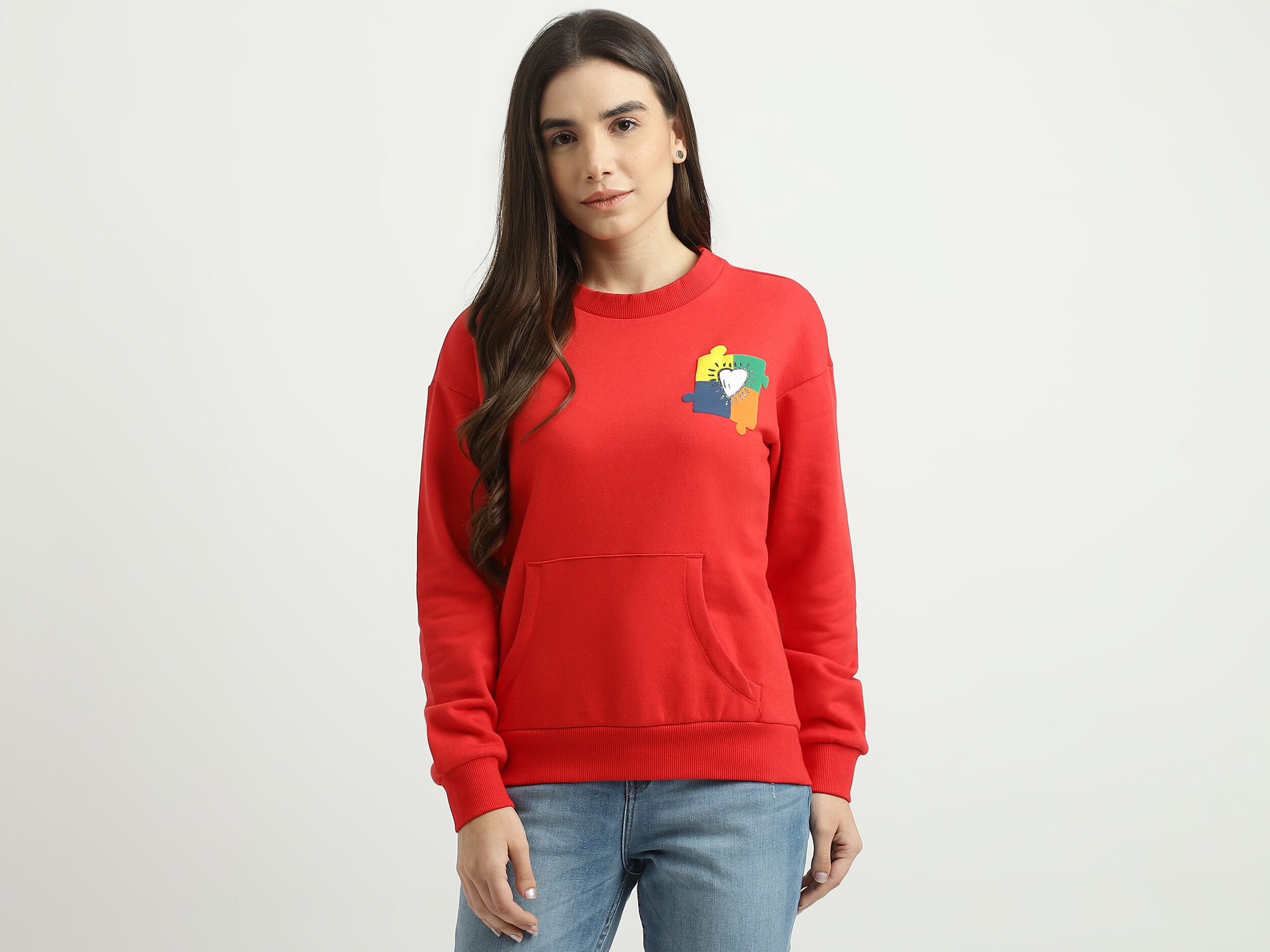 Women Solid Round Neck Sweatshirt Red Benetton
