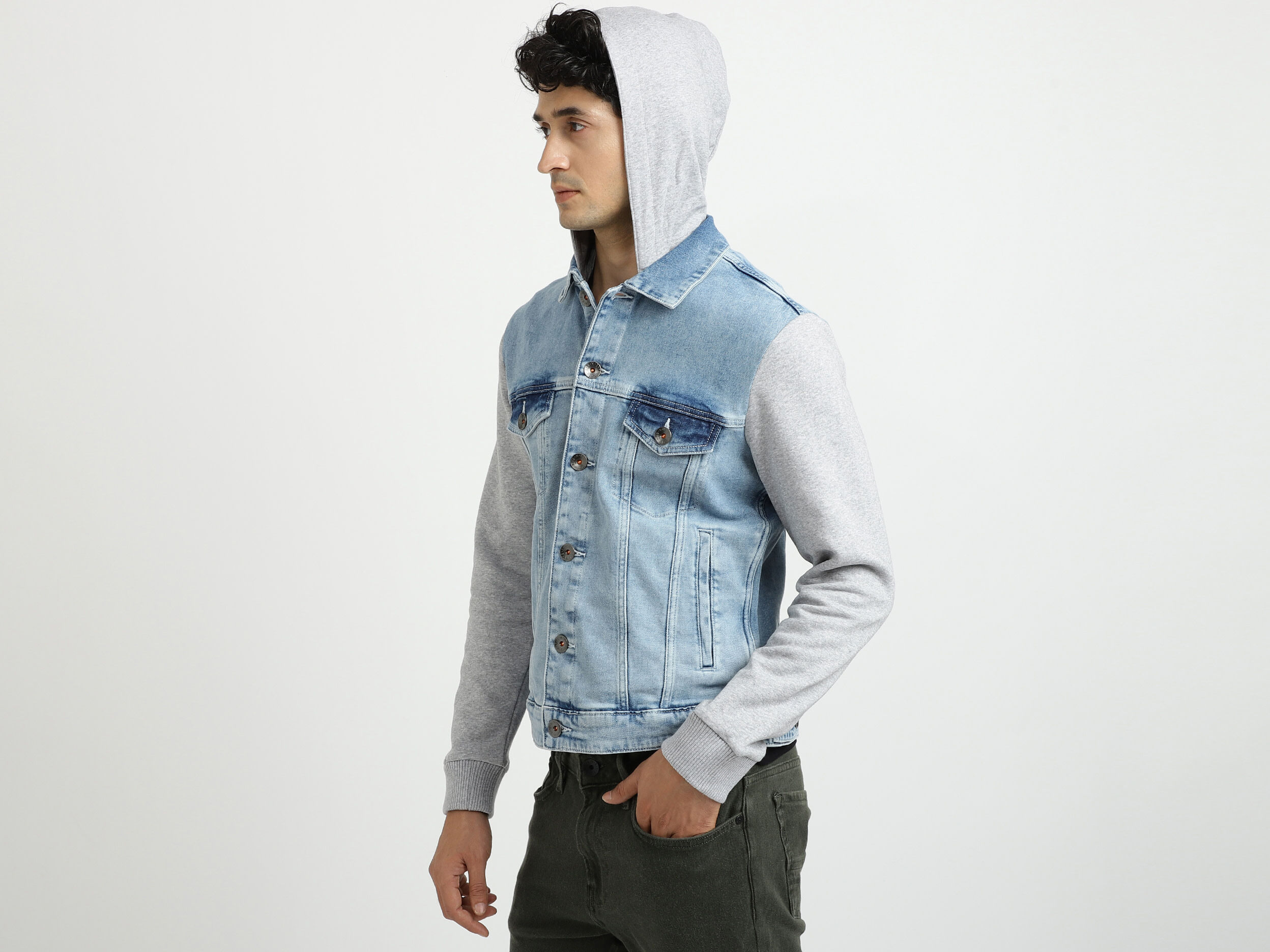 Denim jacket with knit sleeves and hood sale