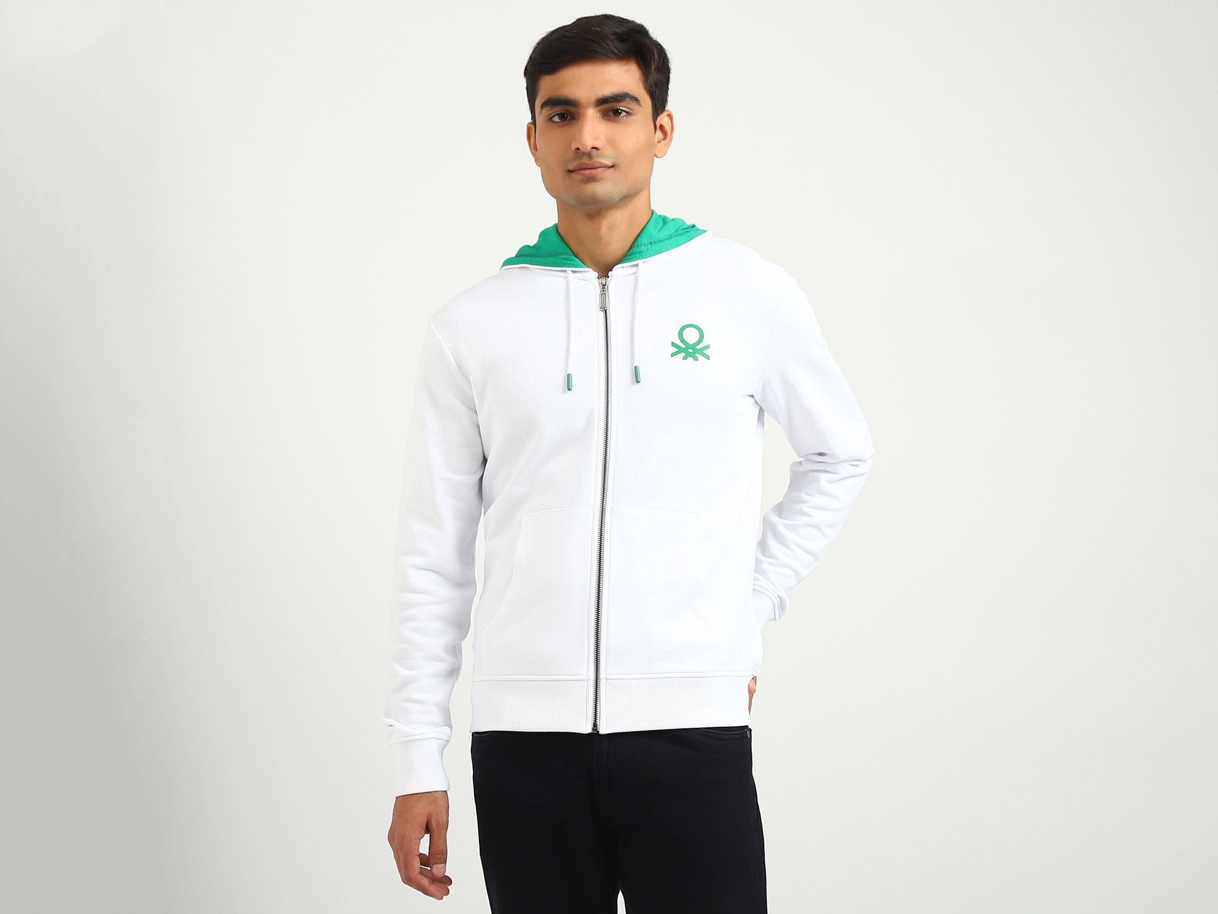 Men Brand Logo Hooded Sweatshirt White Benetton