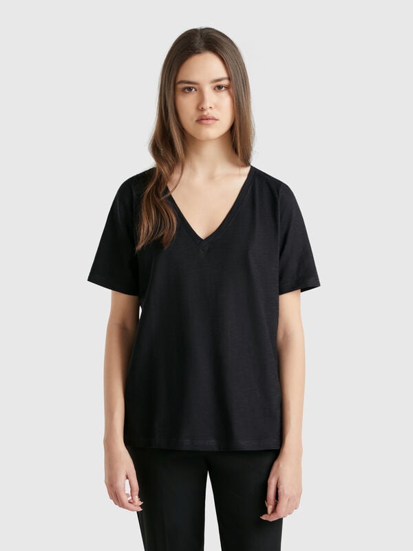 Camiseta de algodón flameado con escote de pico Mujer