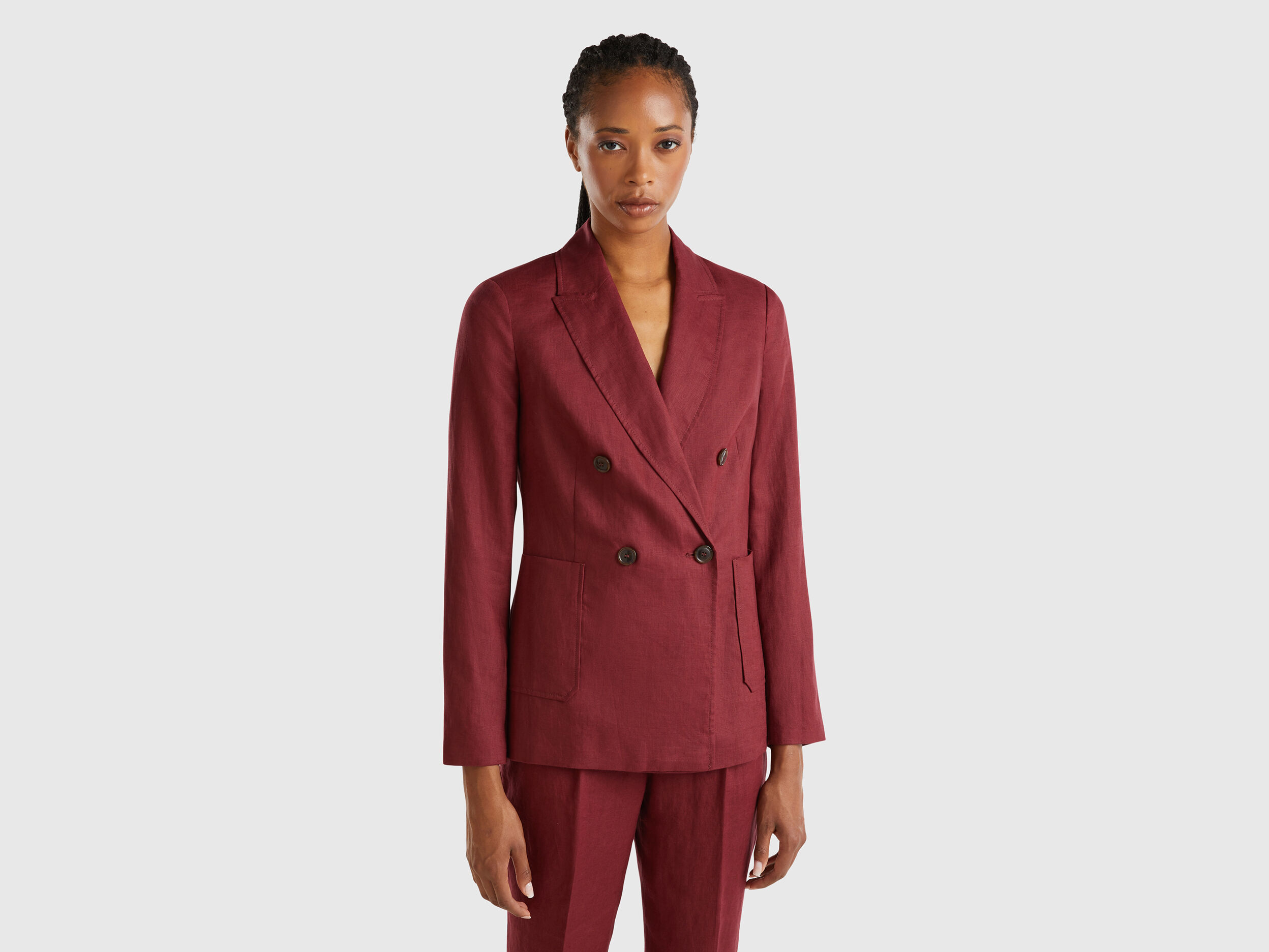 Double breasted blazer in pure linen Burgundy Benetton