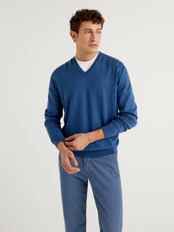 Pure cotton sweater with V-neck Men