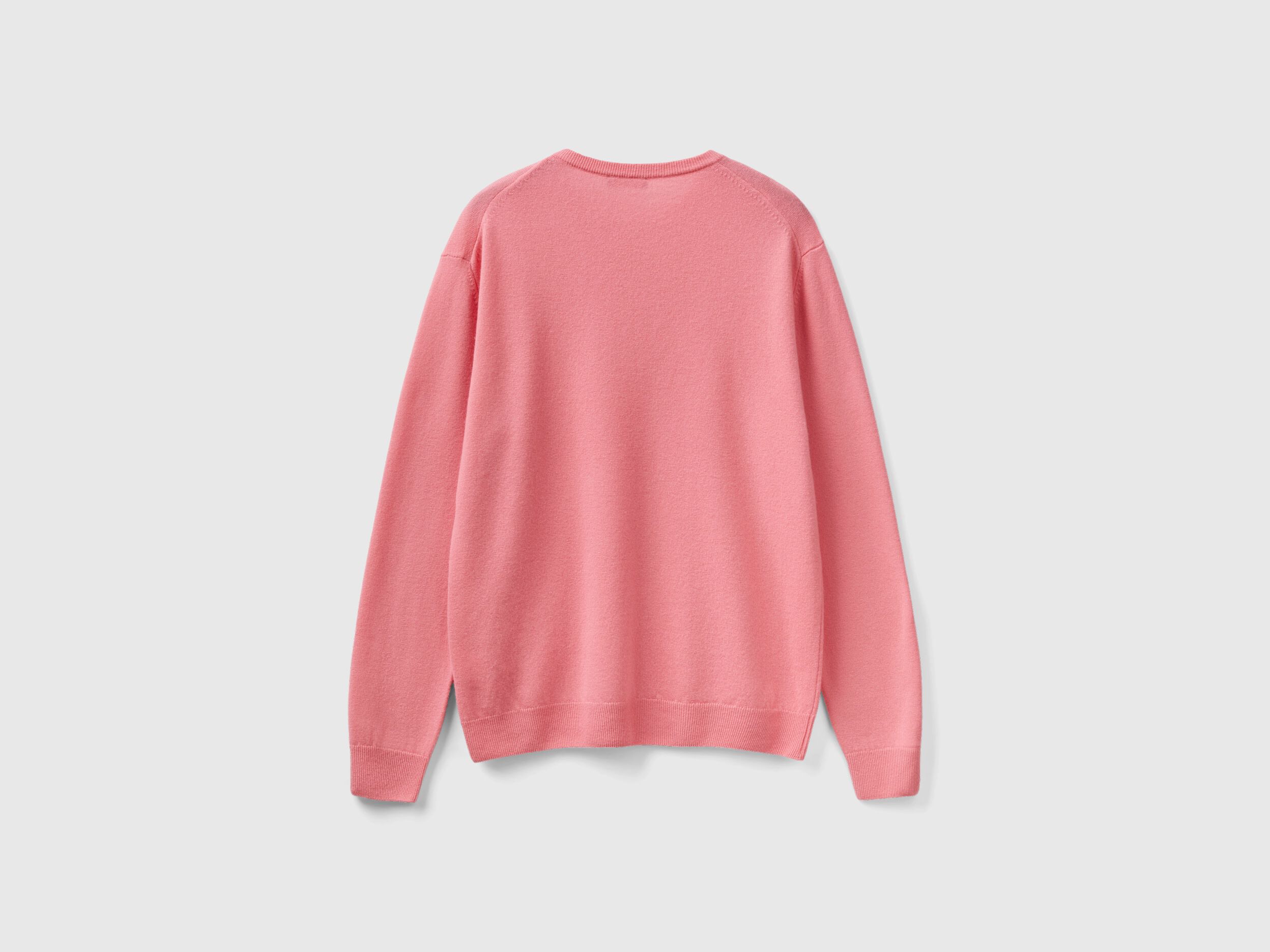 Salmon pink crew neck sweater in pure Merino wool Salmon Benetton