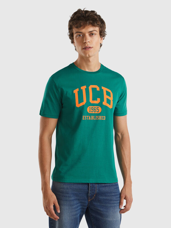 Camiseta verde oscuro de algodón orgánico con logotipo naranja Hombre