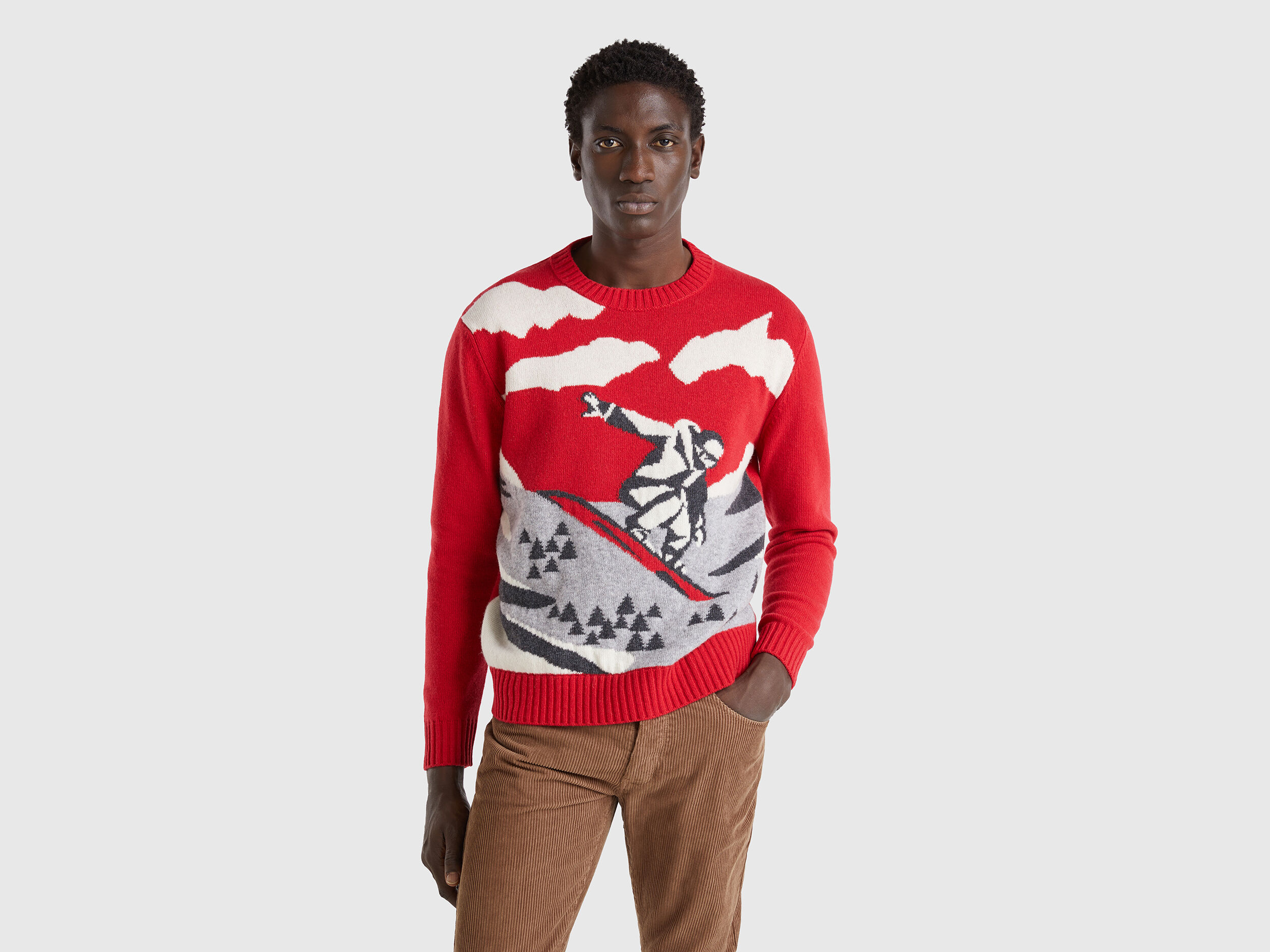 Sweater with ski graphic - Red | Benetton