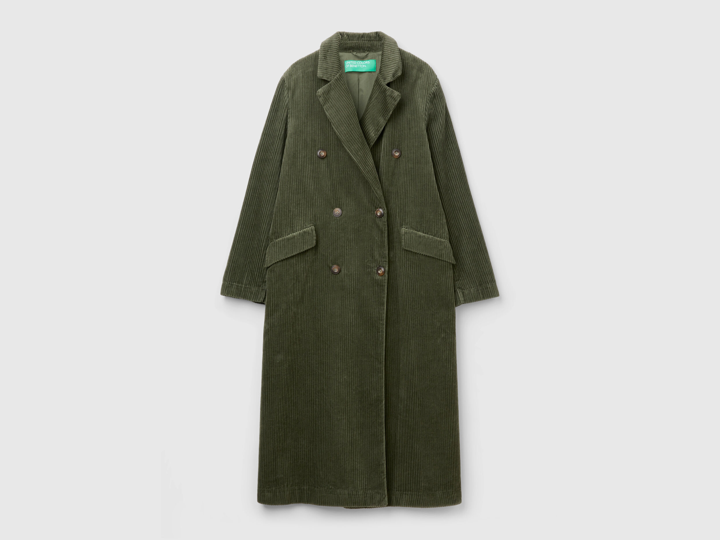 Double-breasted velvet trench coat - Military Green | Benetton