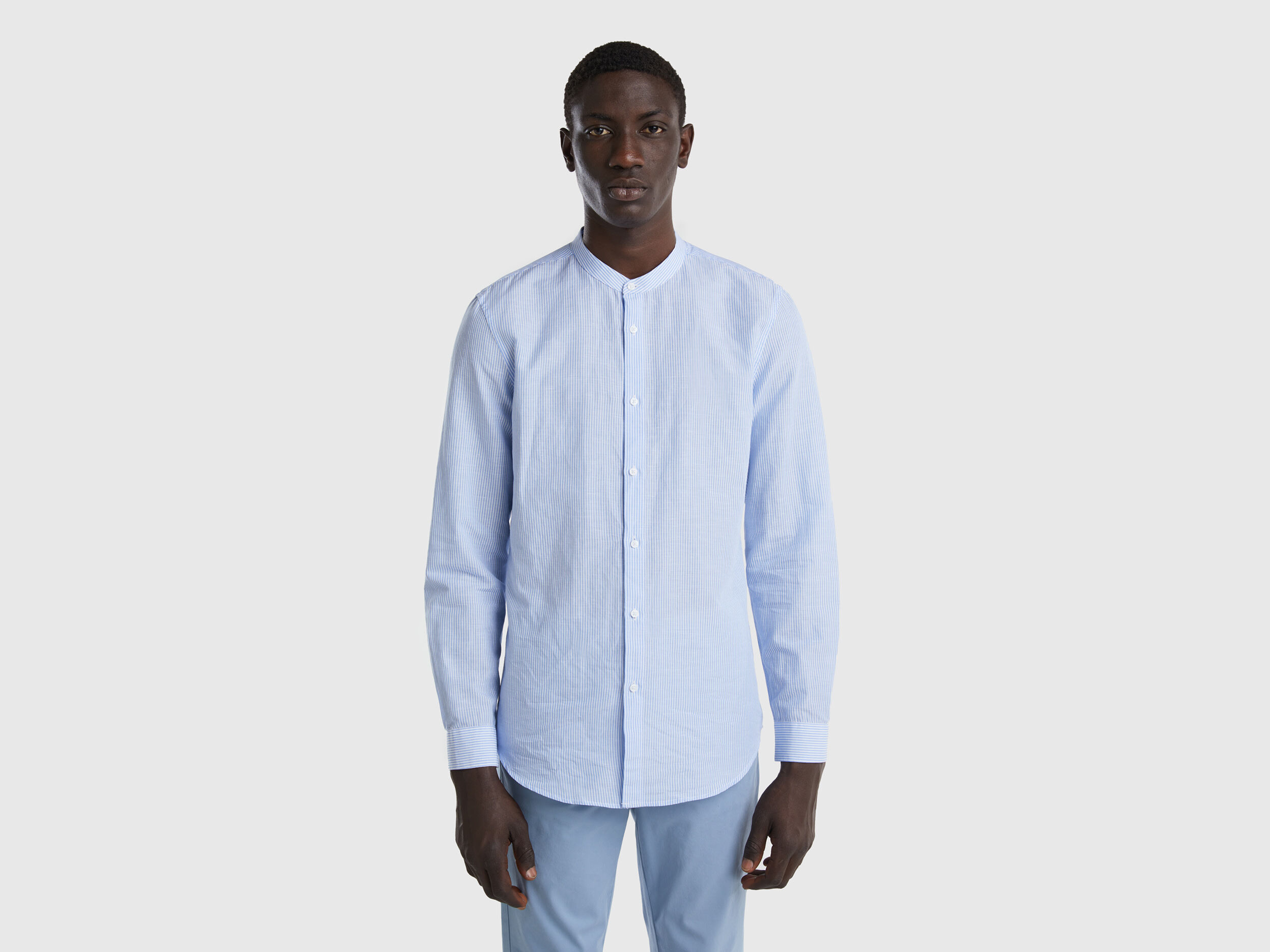 Mandarin collar shirt in linen blend - Sky Blue | Benetton