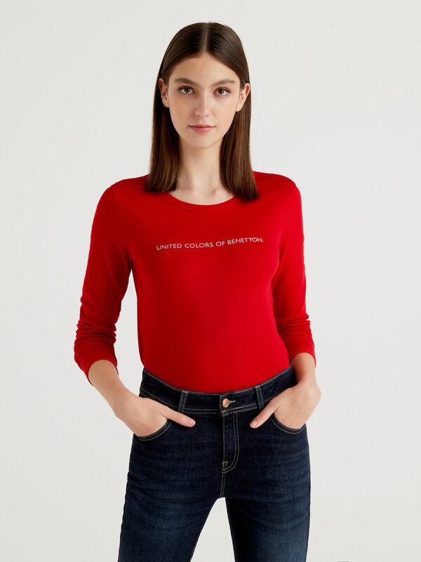 Camiseta roja de manga larga de 100 % algodón Mujer
