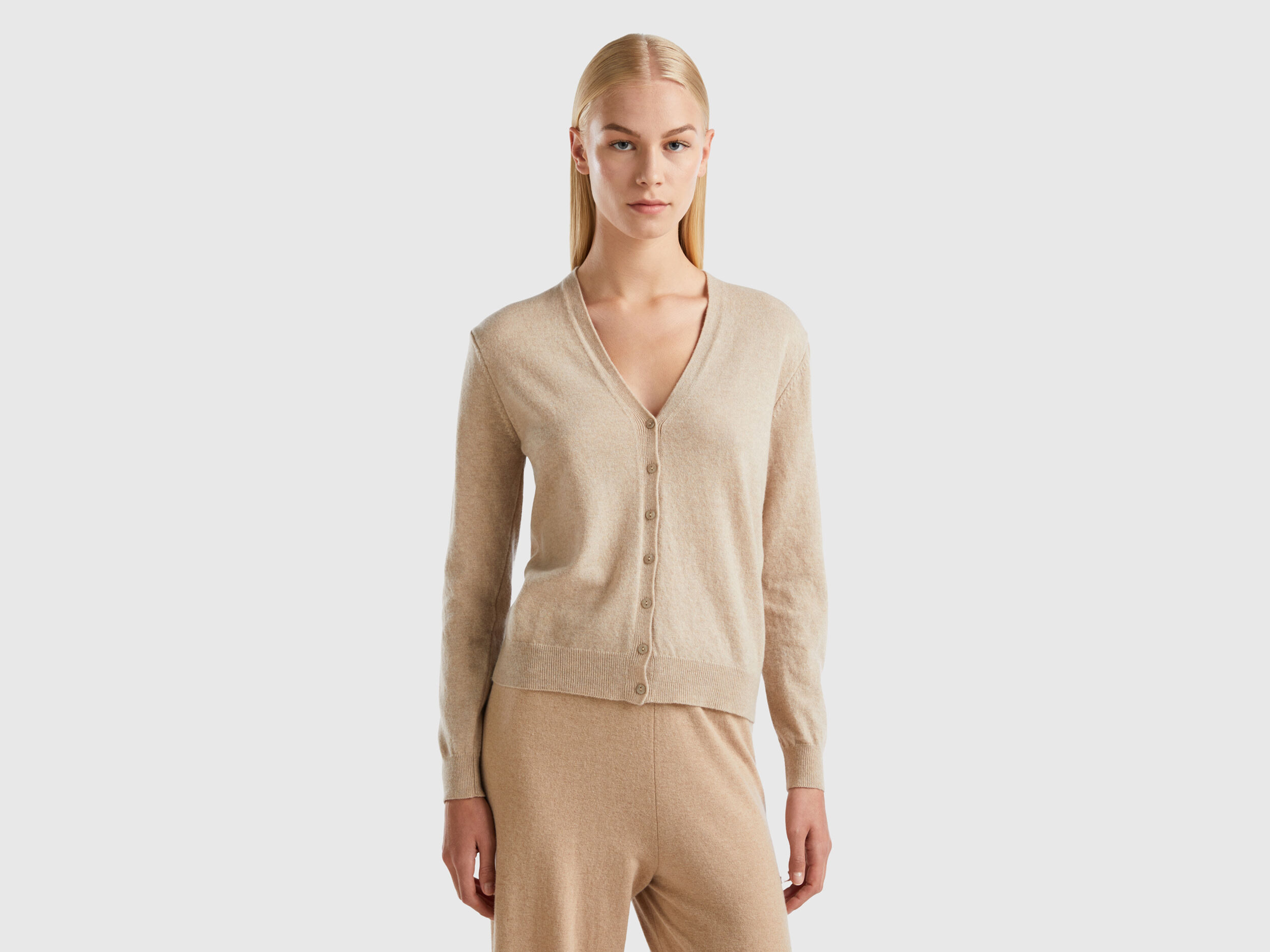 Beige V neck cardigan in pure Merino wool Beige Benetton