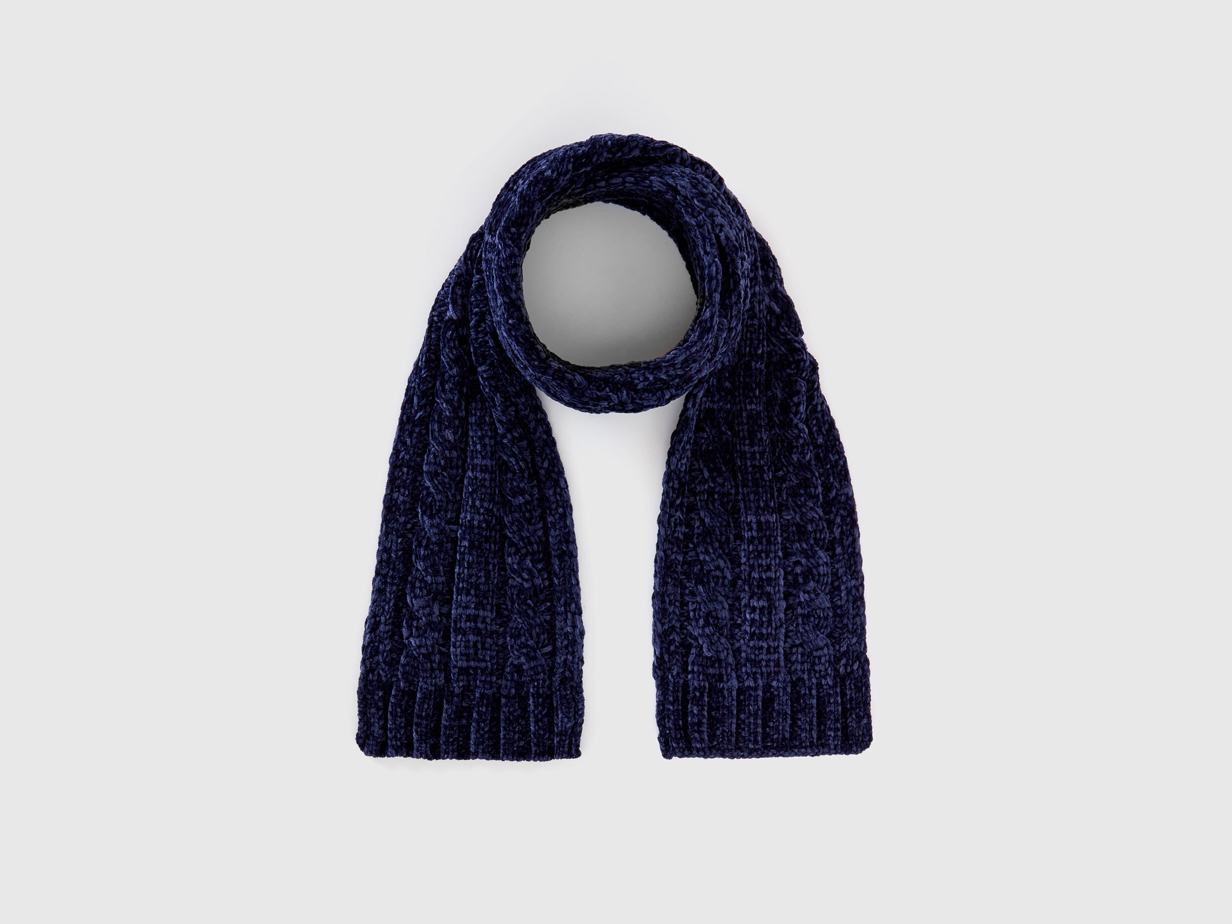 Chenille scarf with cable knit Dark Blue Benetton