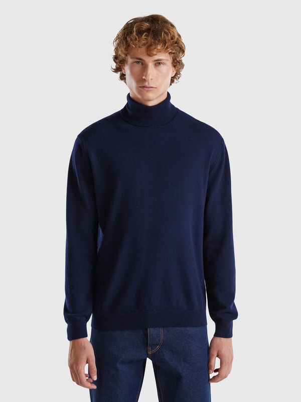 Jersey de cuello cisne azul noche de pura lana merina Hombre
