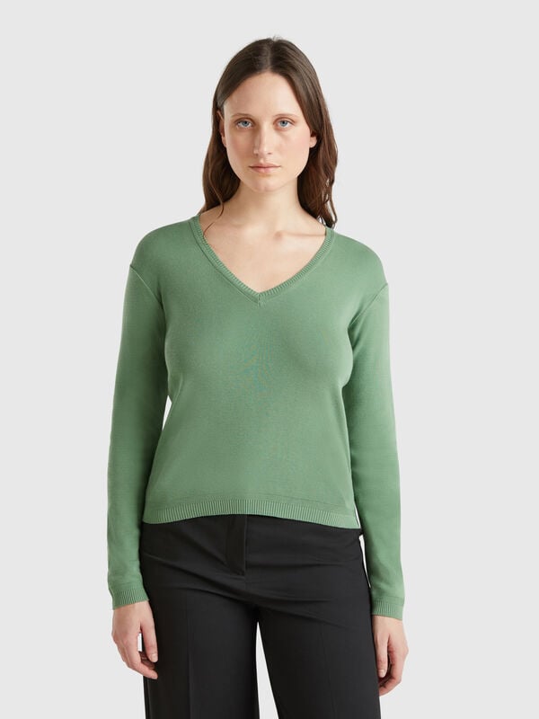 Pure cotton sweater with V-neck Women
