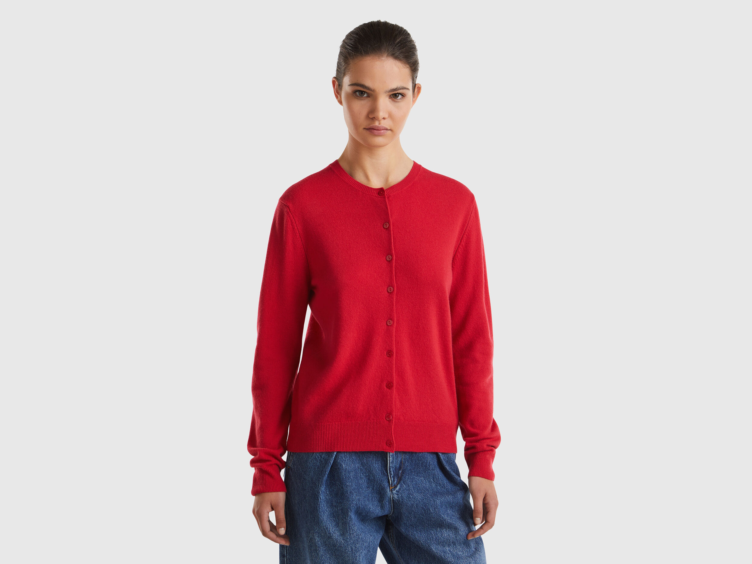 Red plum crew neck cardigan in pure Merino wool Red Benetton