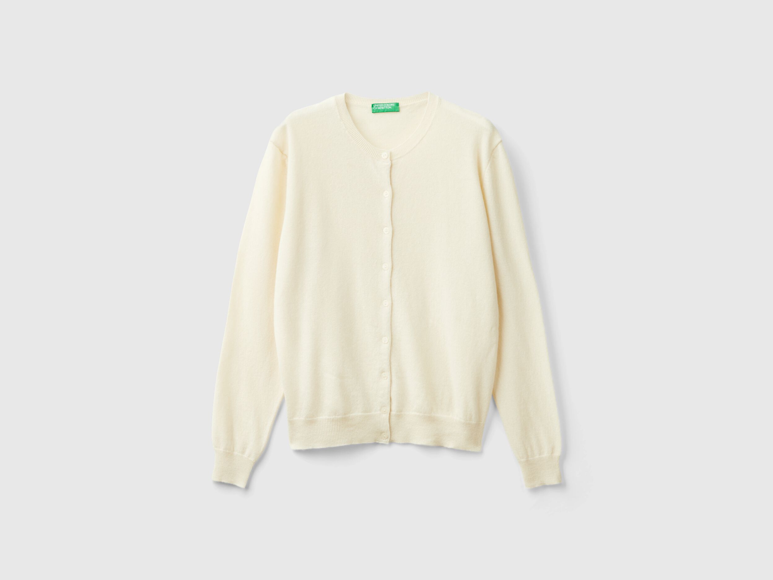 Cream crew neck cardigan in pure Merino wool Creamy White Benetton