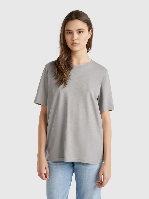 Camiseta de cuello redondo de algodón flameado Mujer