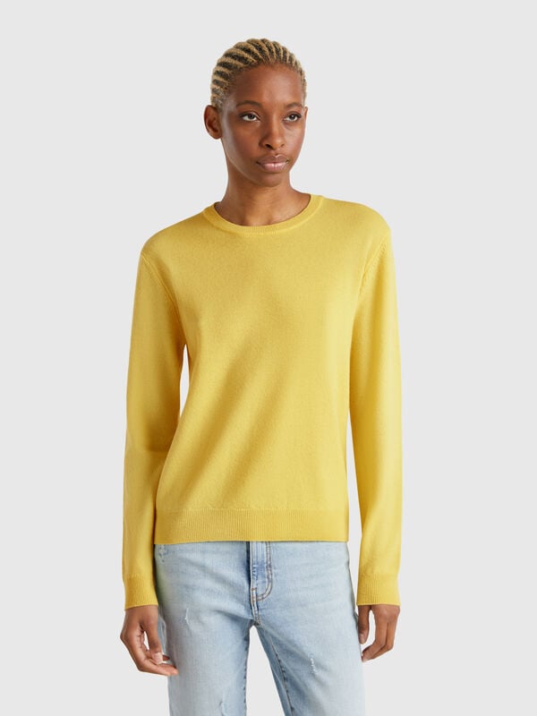 Jersey de cuello redondo amarillo de lana merina Mujer