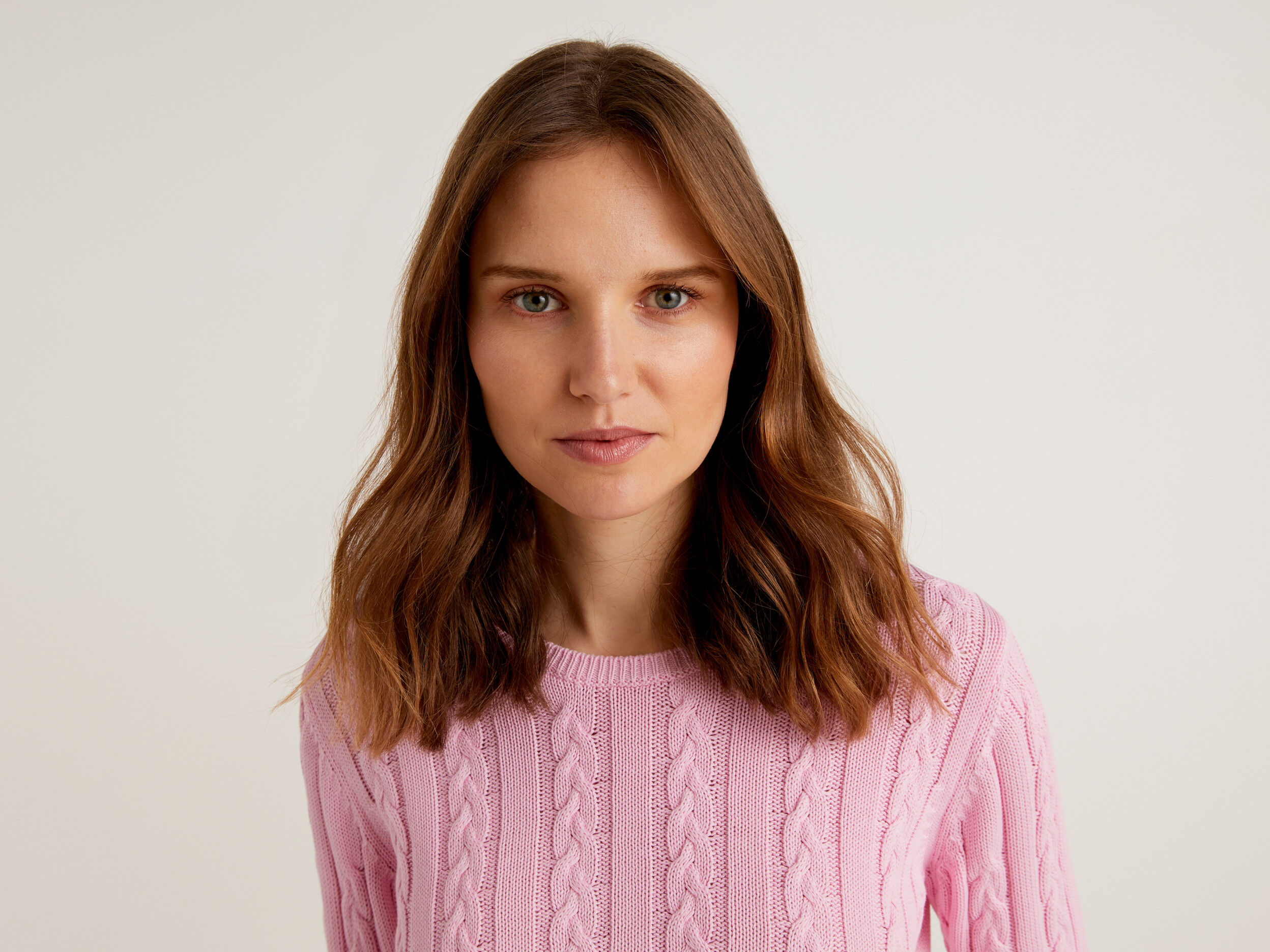 Cotton sweater with cable knit Pink Benetton