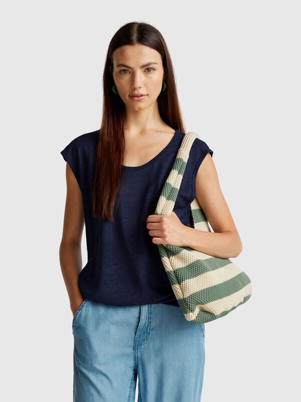 Camiseta de cuello ancho en puro lino Mujer