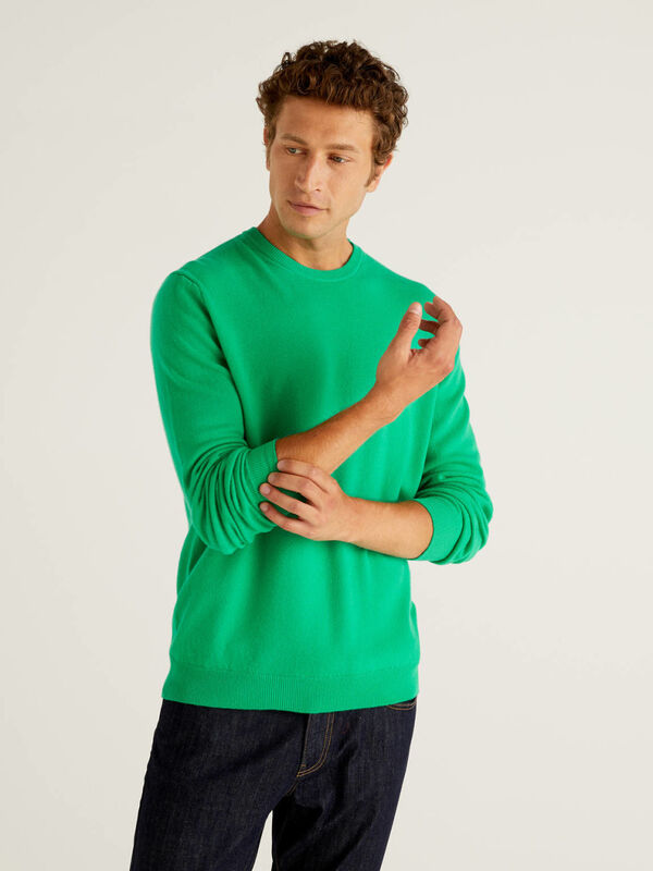 Green crew neck sweater in pureMerino wool Men
