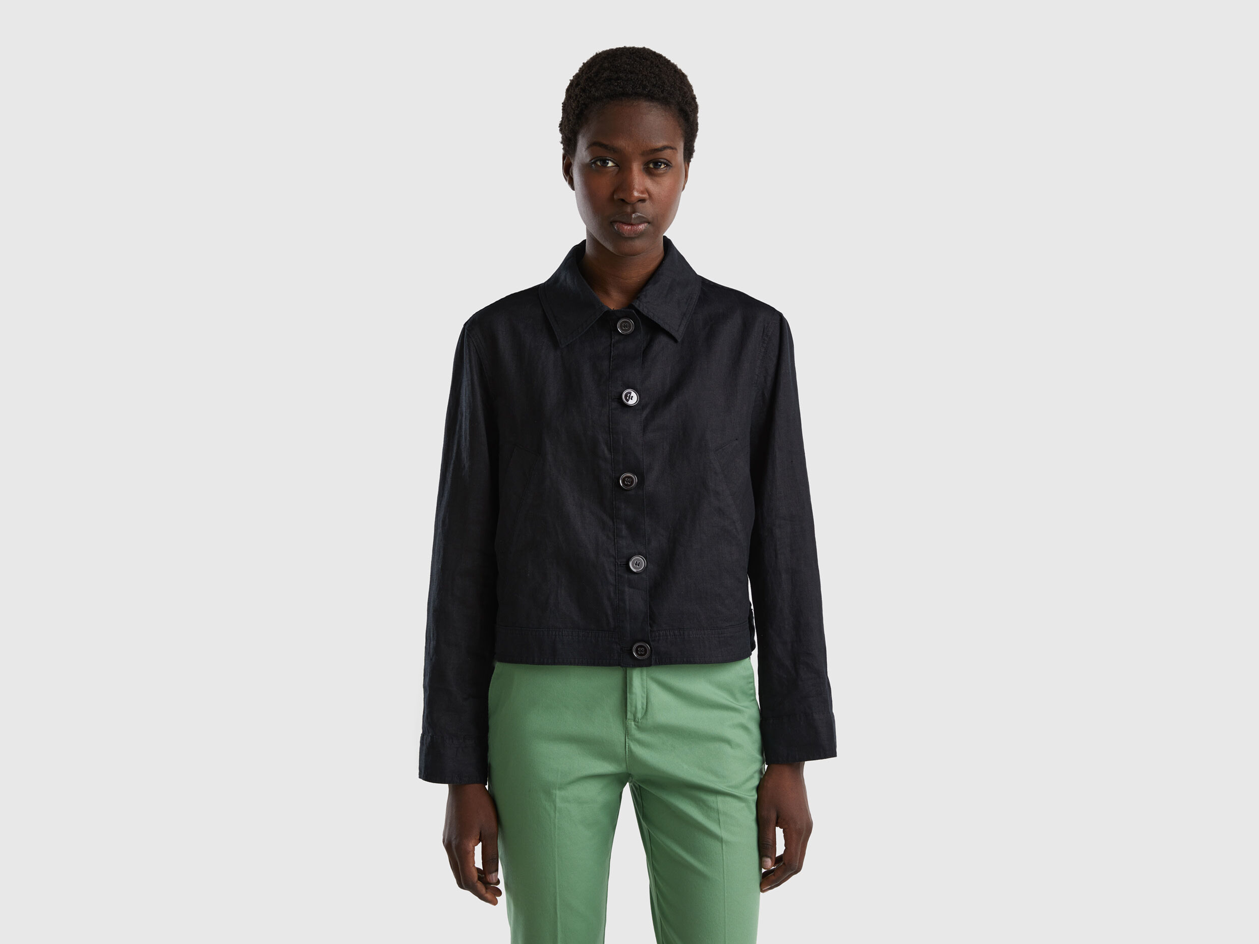 Boxy fit jacket in pure linen Black Benetton