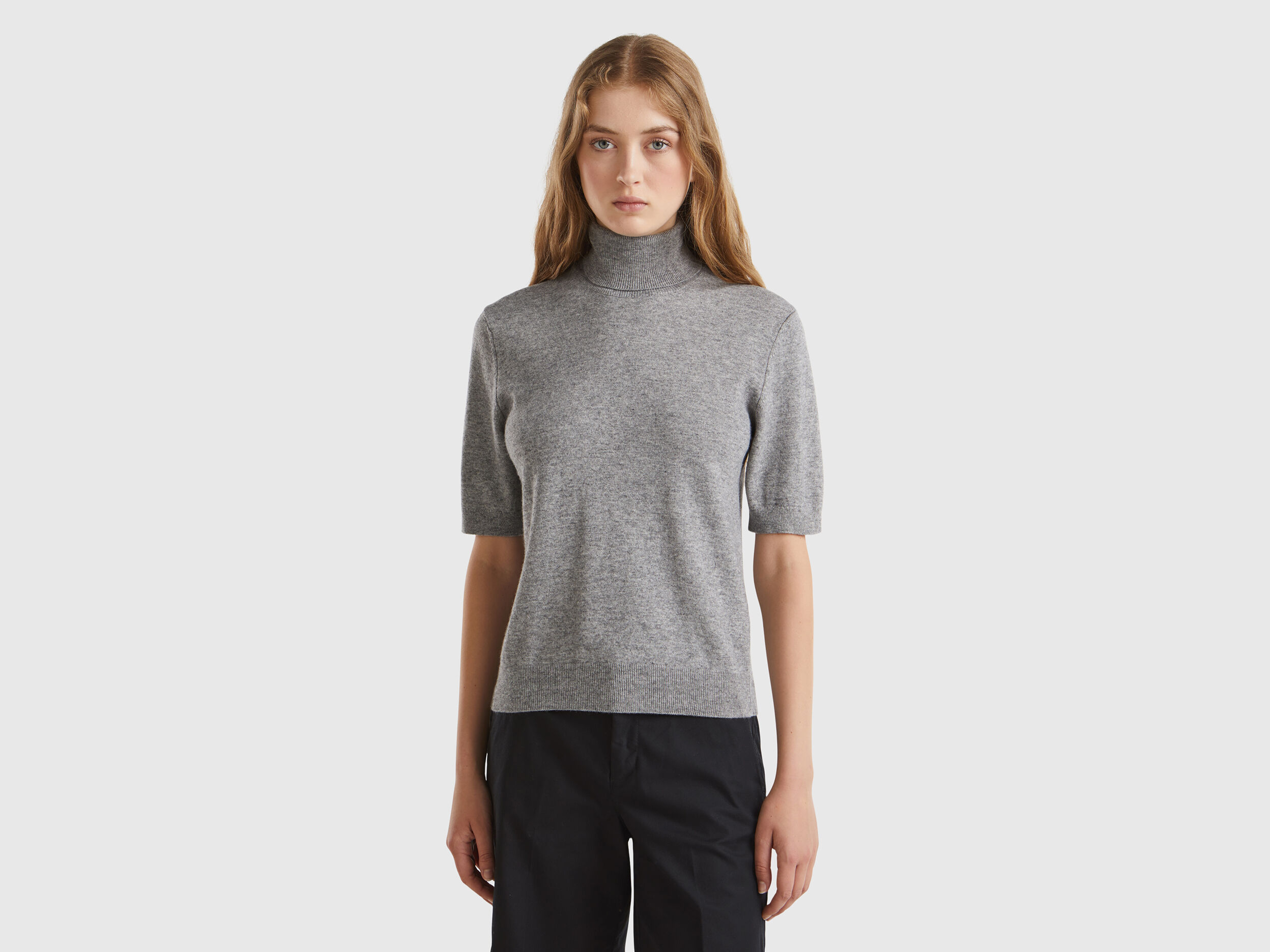 Gray short sleeve turtleneck in cashmere blend - Light Gray