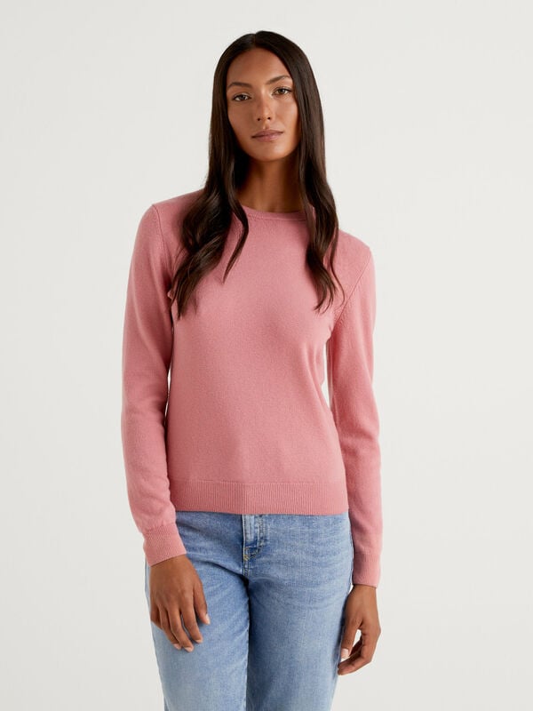 Pink crew neck sweater in Merino wool Women