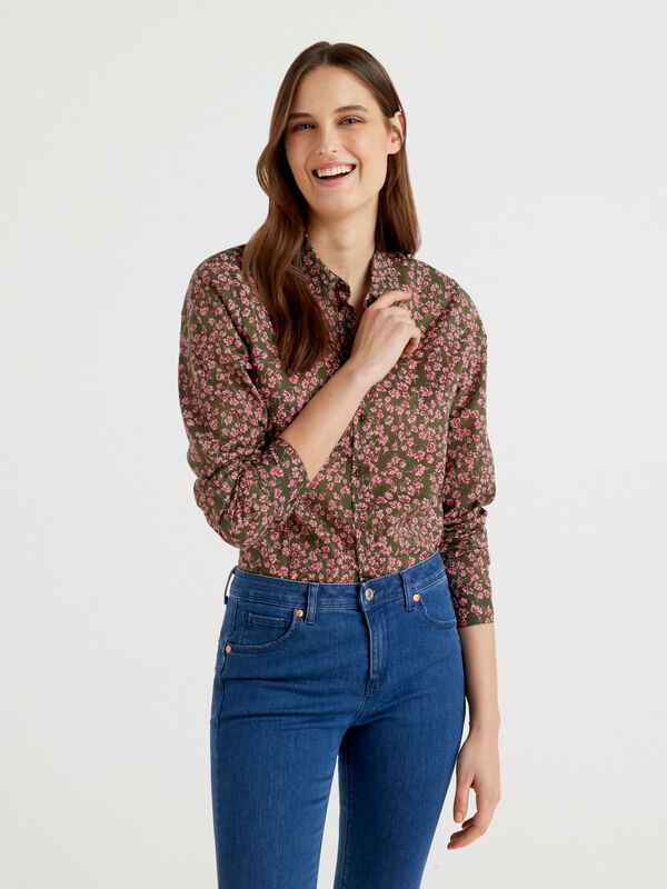 Military green shirt with floral print Women
