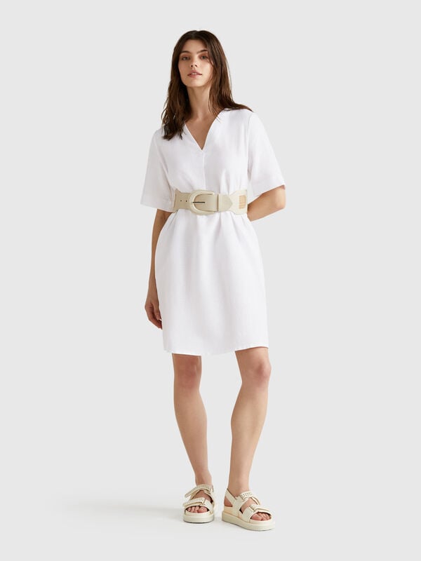 Vestido de manga corta en puro lino Mujer