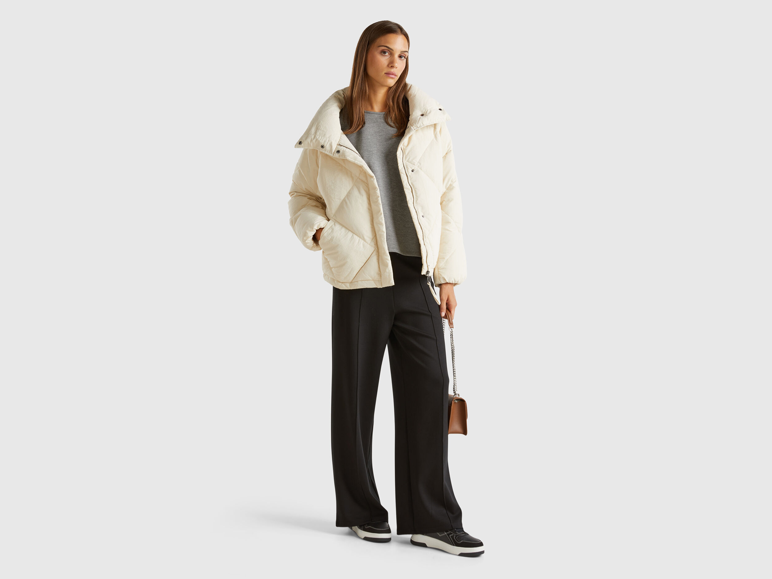 High collar puffer jacket in genuine recycled down - Beige