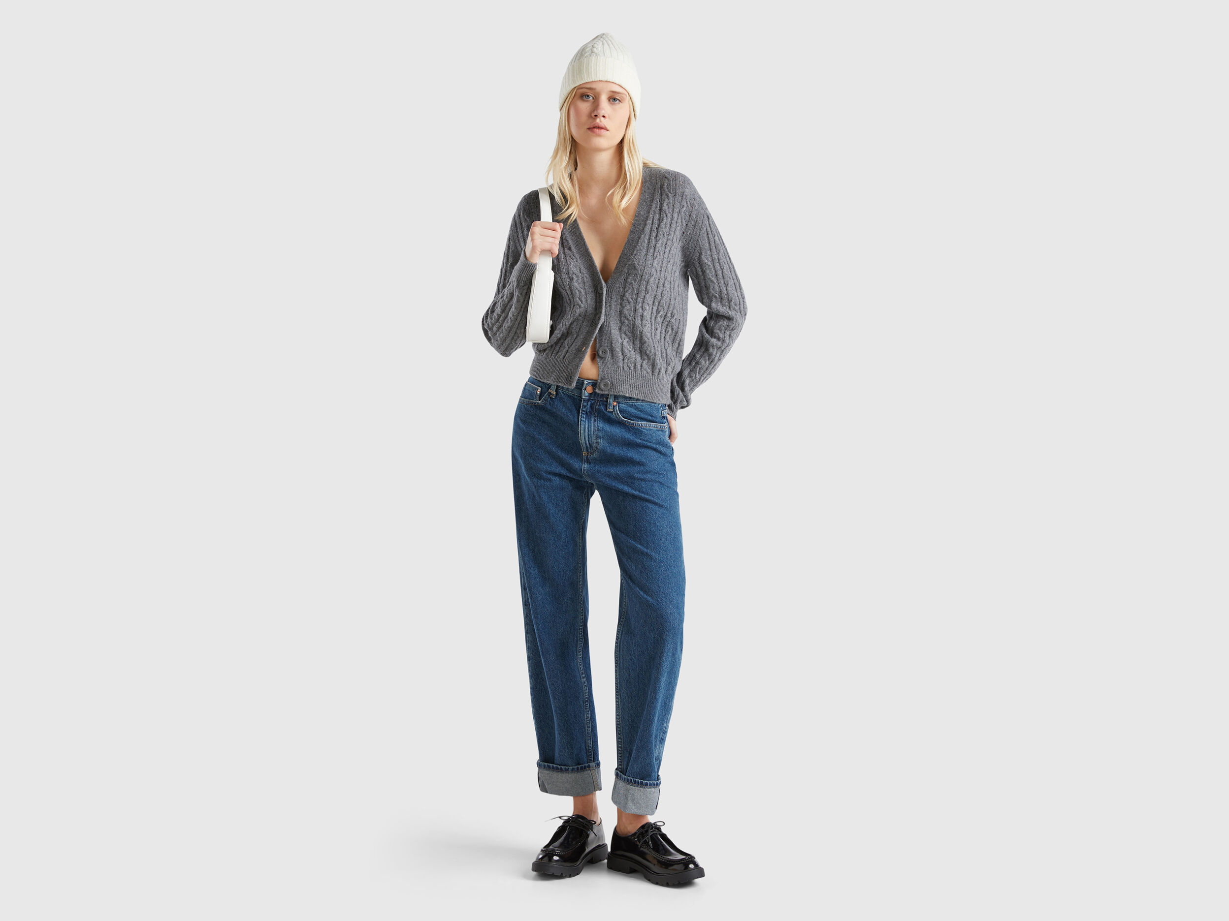 Boxy fit cardigan with cable knit and perforations - Dark Gray | Benetton