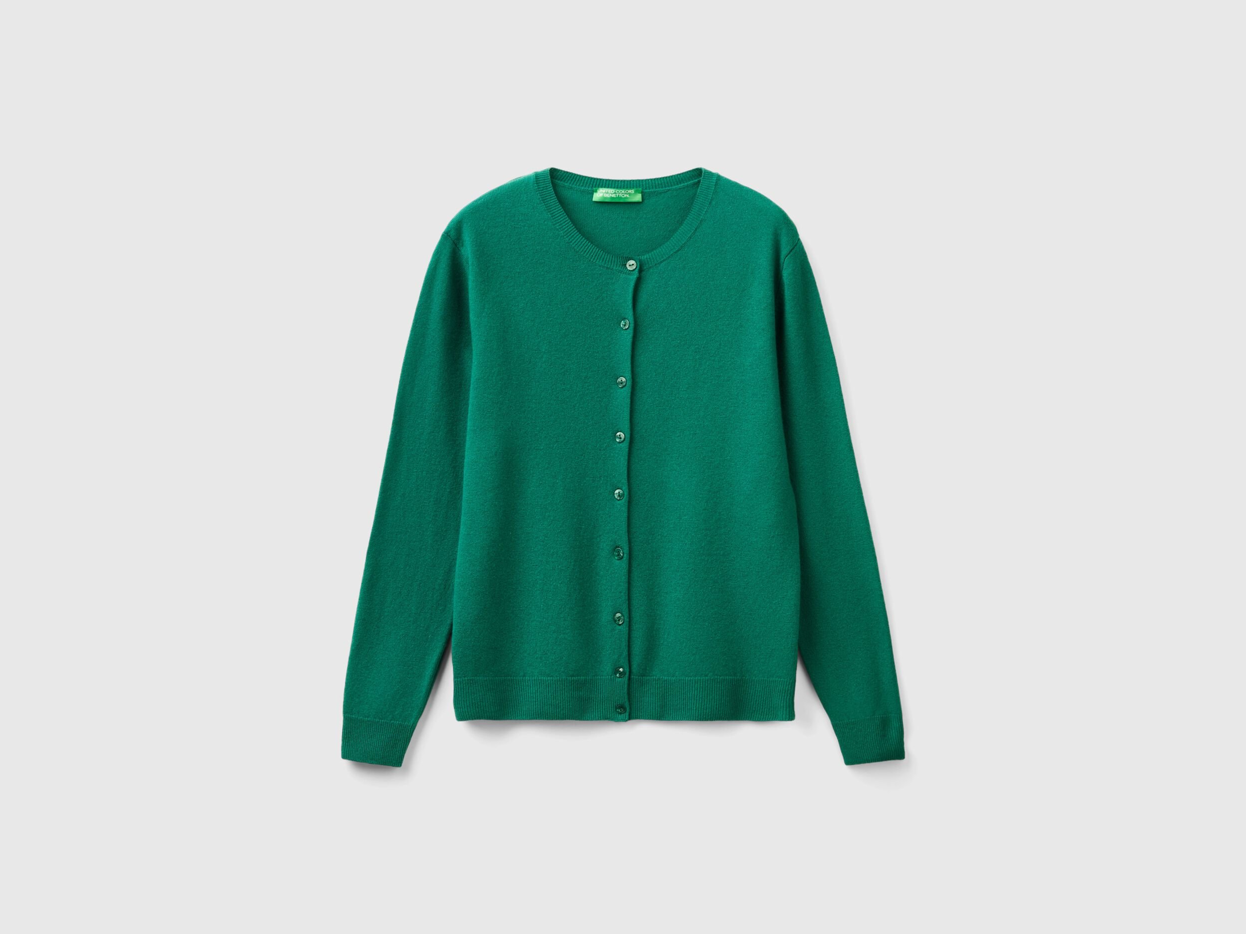 Forest green crew neck cardigan in pure Merino wool - Dark