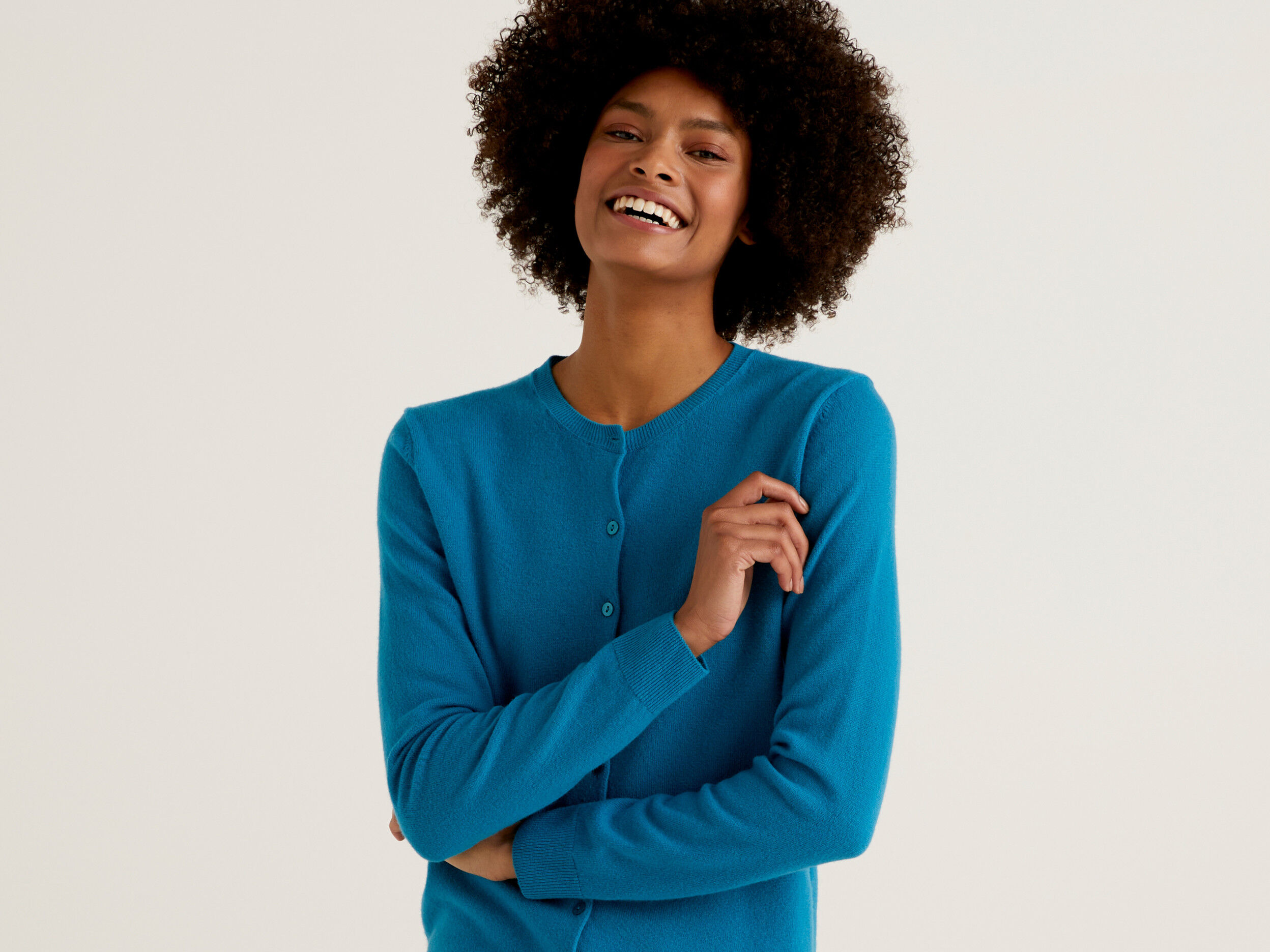 Teal crew neck cardigan in pure Merino wool Teal Benetton