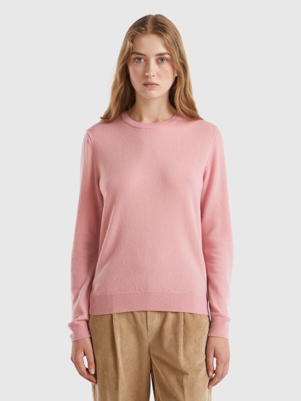 Pink crew neck sweater in pure Merino wool Women