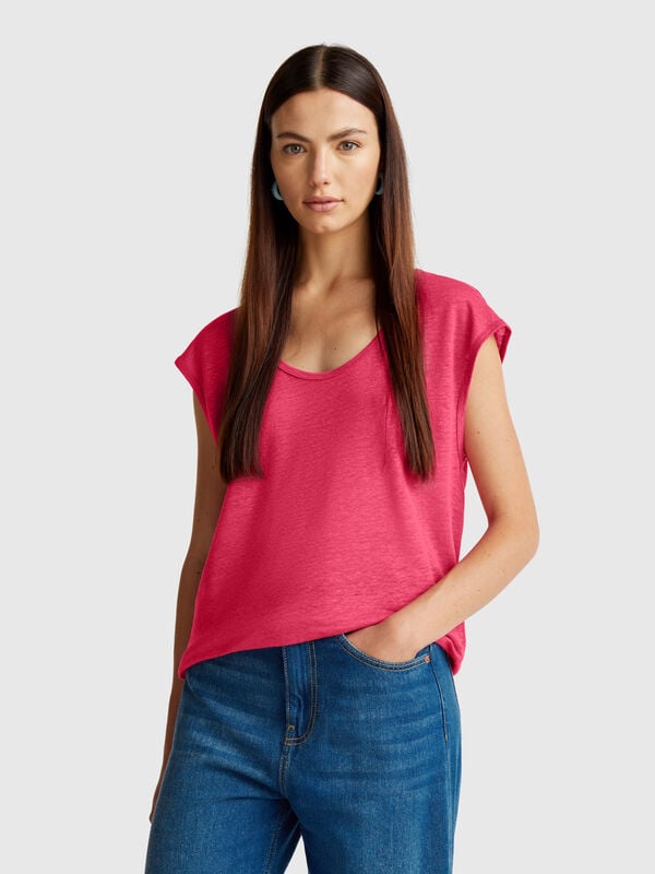 Camiseta de cuello ancho en puro lino Mujer