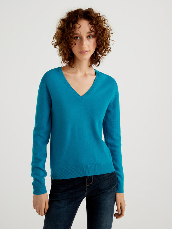 Teal V-neck sweater in pure Merino wool Women